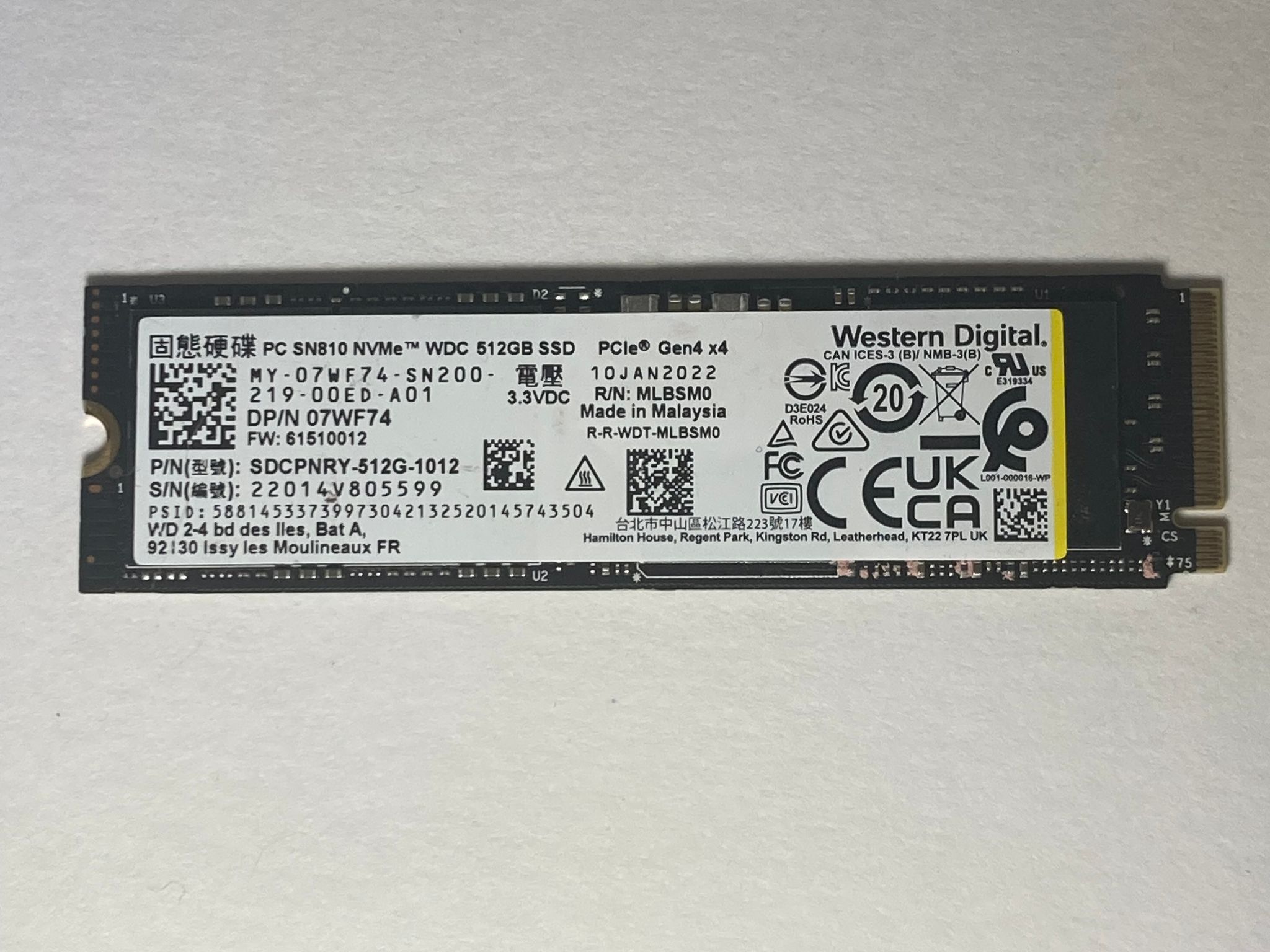 512GB Western Digital SN810 | M.2 2280 SSD | Gen4x4 | 512MB DRAM | Solid State | 97% Drive Health