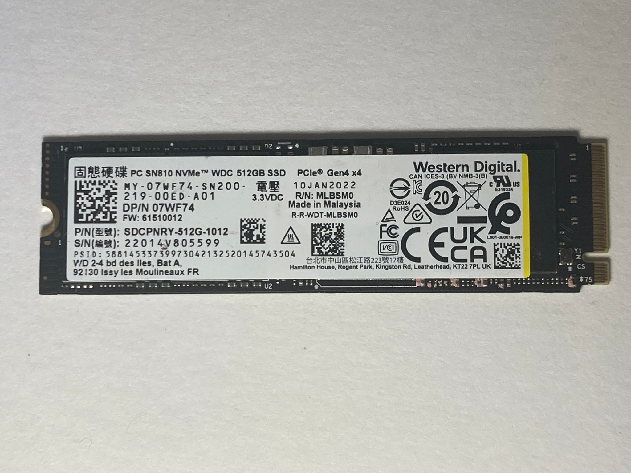 512GB Western Digital SN810 | M.2 2280 SSD | Gen4x4 | 512MB DRAM | Solid State | 97% Drive Health