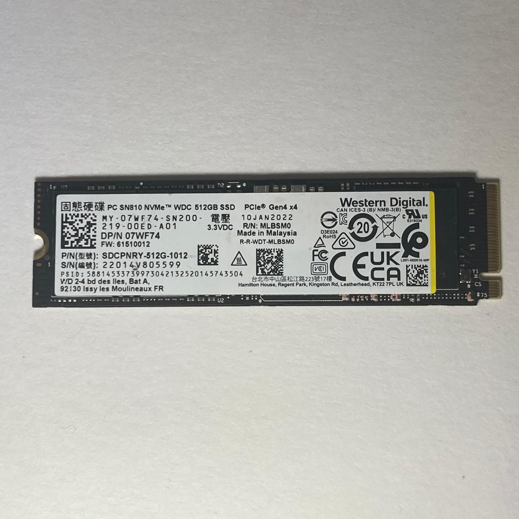 512GB Western Digital SN810 | M.2 2280 SSD | Gen4x4 | 512MB DRAM | Solid State | 97% Drive Health