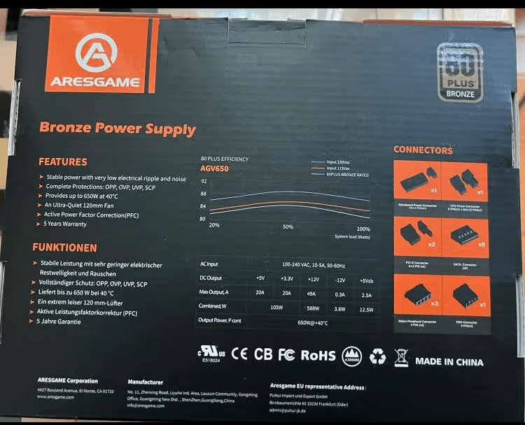 Aresgame 650watt 80+ Bronze AGV650