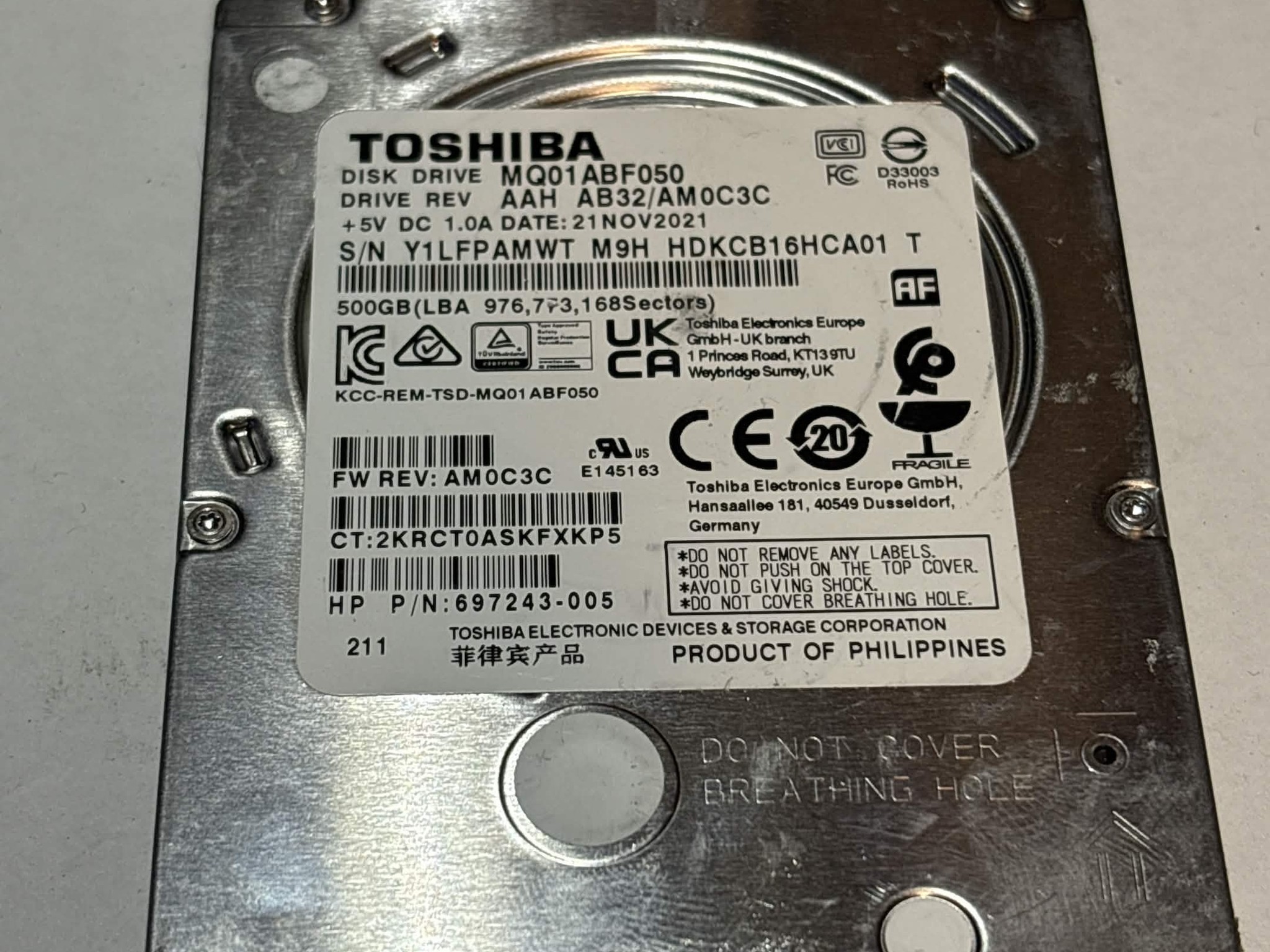 Toshiba 500GB SATA Laptop Hard Drive | Tested & Functional