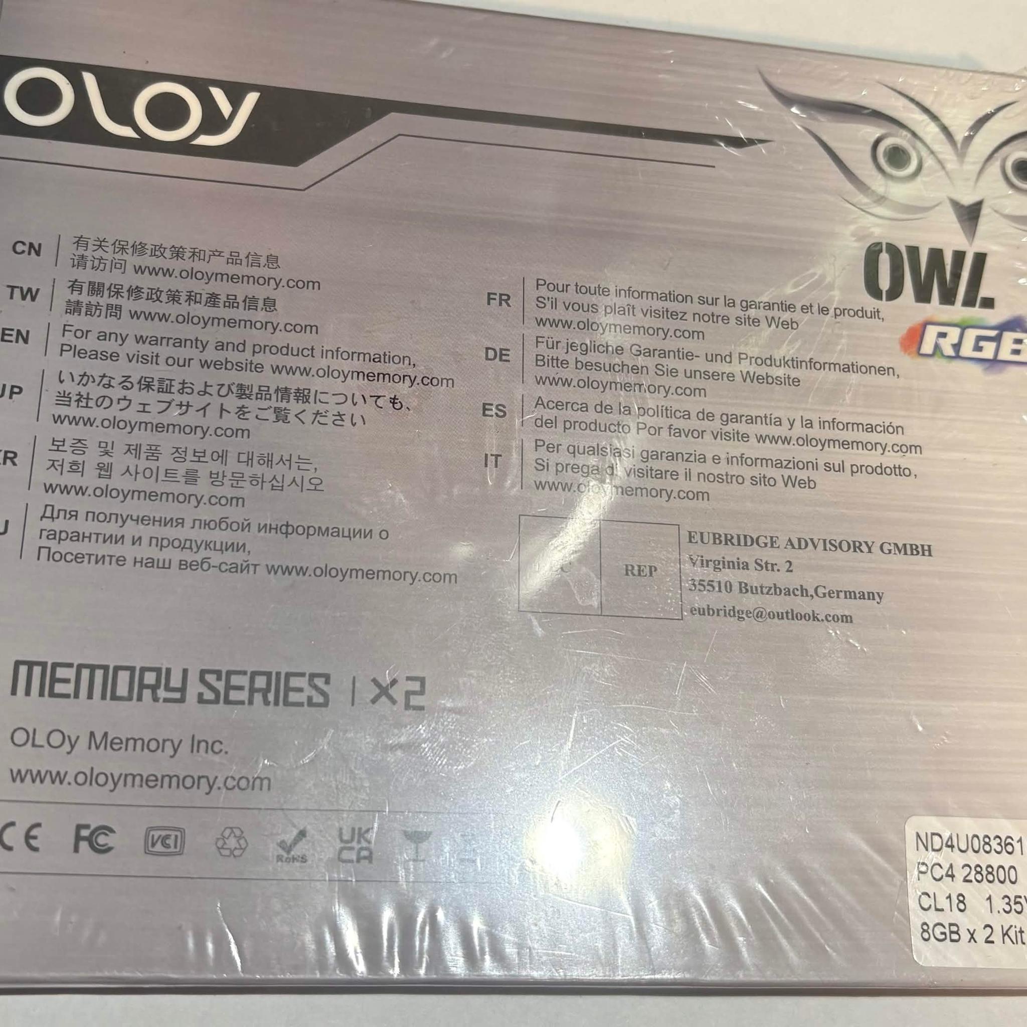 NEW OLOy Owl RGB 16GB (2x8GB) DDR4 3600MHz CL18 RGB Memory Kit | Sealed