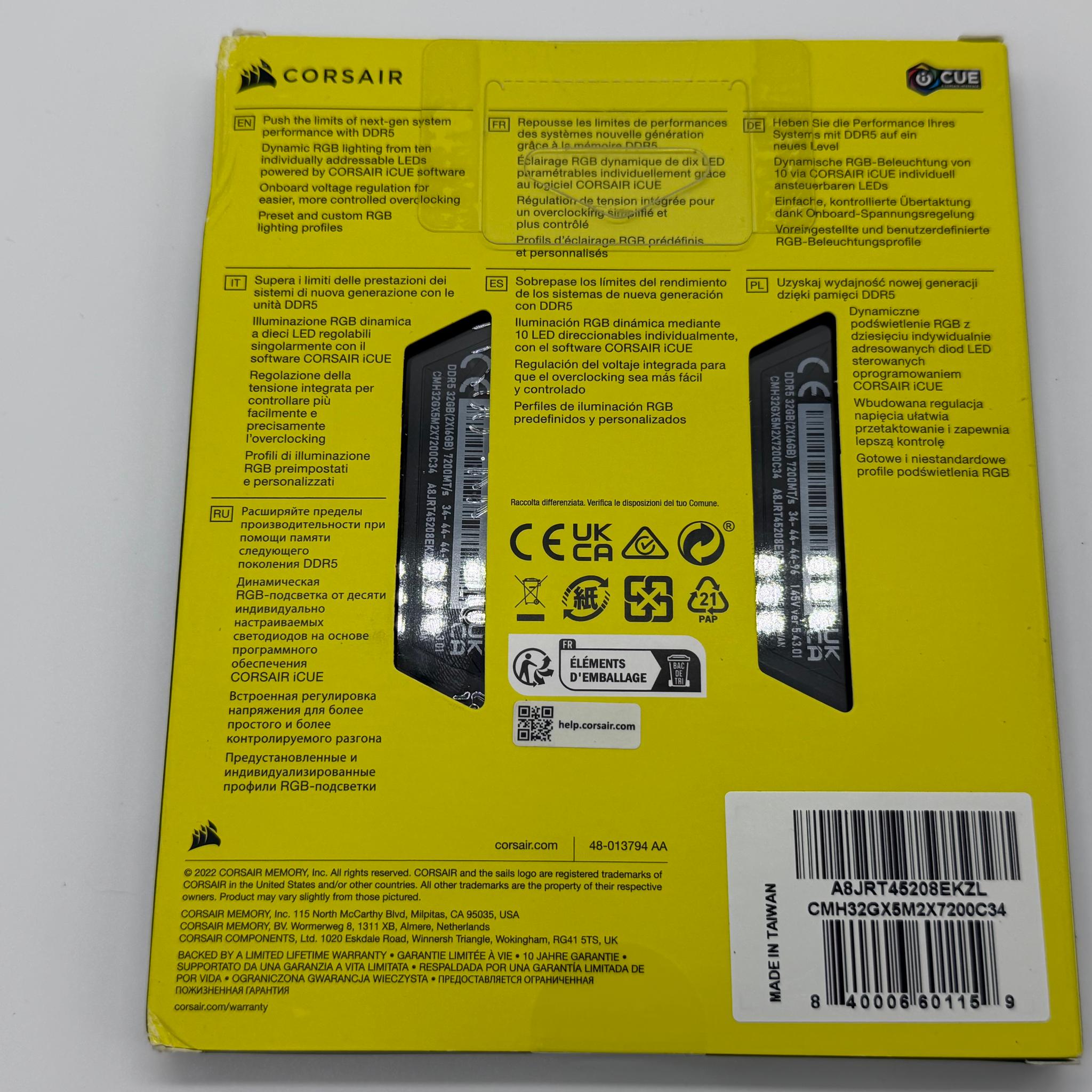 Corsair Vengeance RGB DDR5 32GB (2x16GB) 7200MHz CL34 Desktop RAM