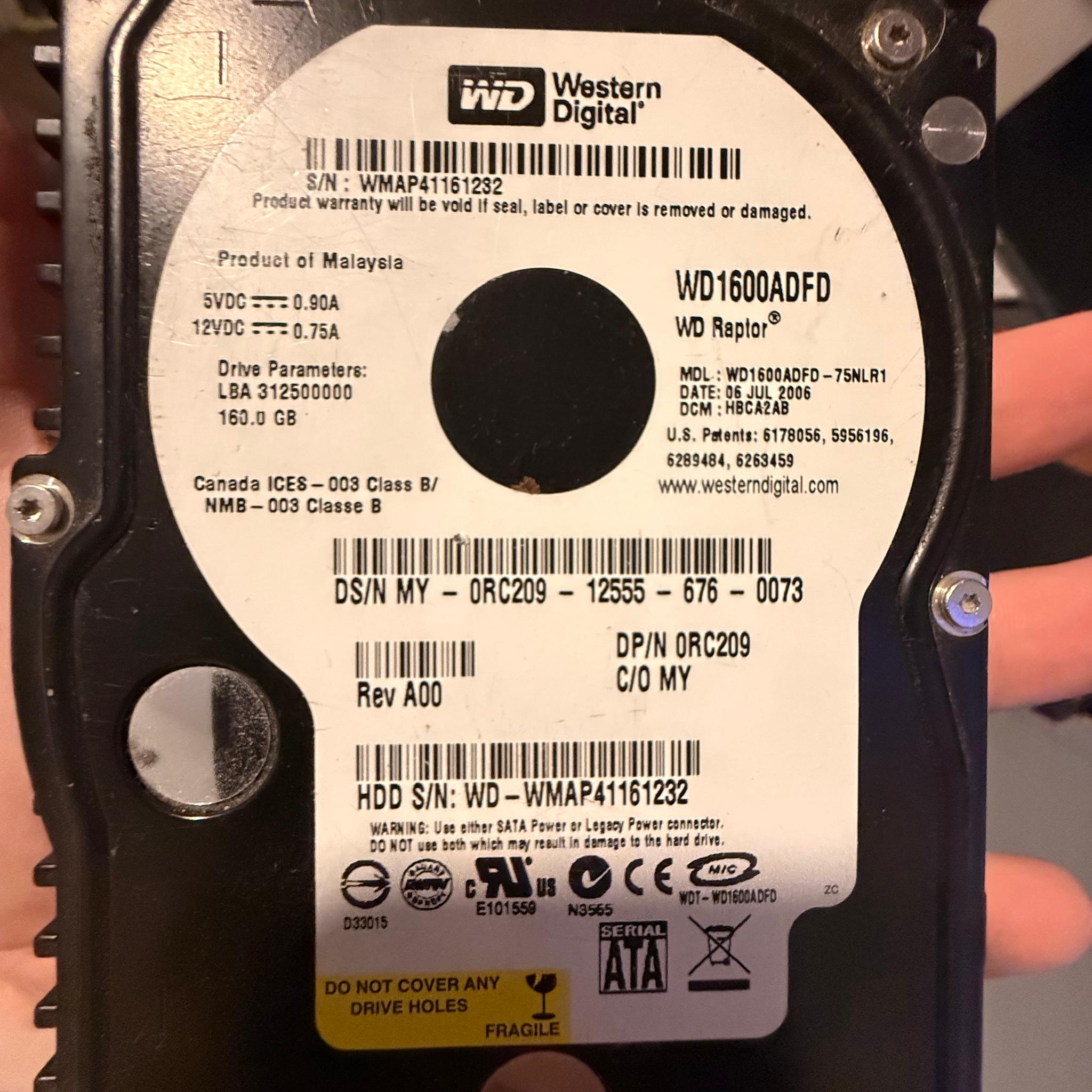 Western Digital Raptor 10,000 RPM HDD Retro/Classic mechanical hard drive WD1600ADFF