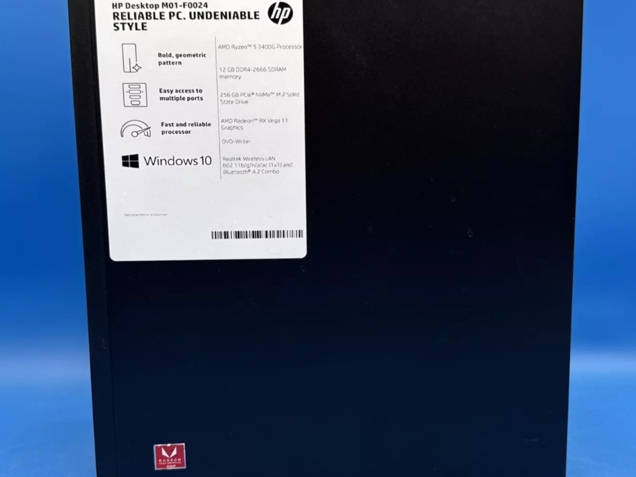 HP M01-F0024 Ryzen 5 3400G 12GB 256GB SSD AMD Graphics Win11 Pro Desktop