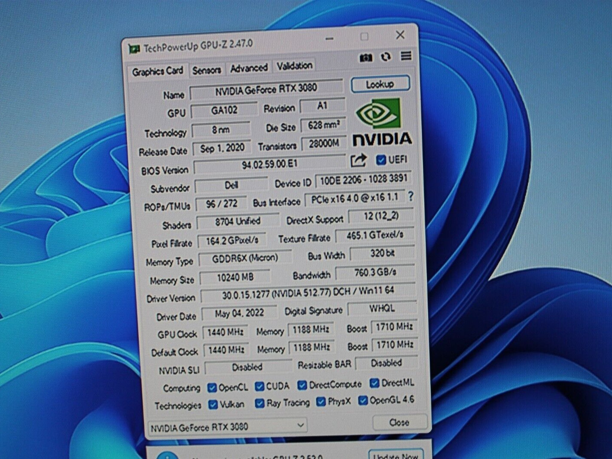 DELL ALIENWARE NVIDIA GeForce RTX 3080 10GB GDDR6X Graphics Card GPU (NON-LHR) 4Y12V