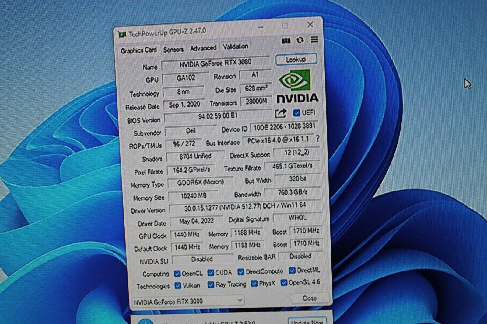 DELL ALIENWARE NVIDIA GeForce RTX 3080 10GB GDDR6X Graphics Card GPU (NON-LHR) 4Y12V