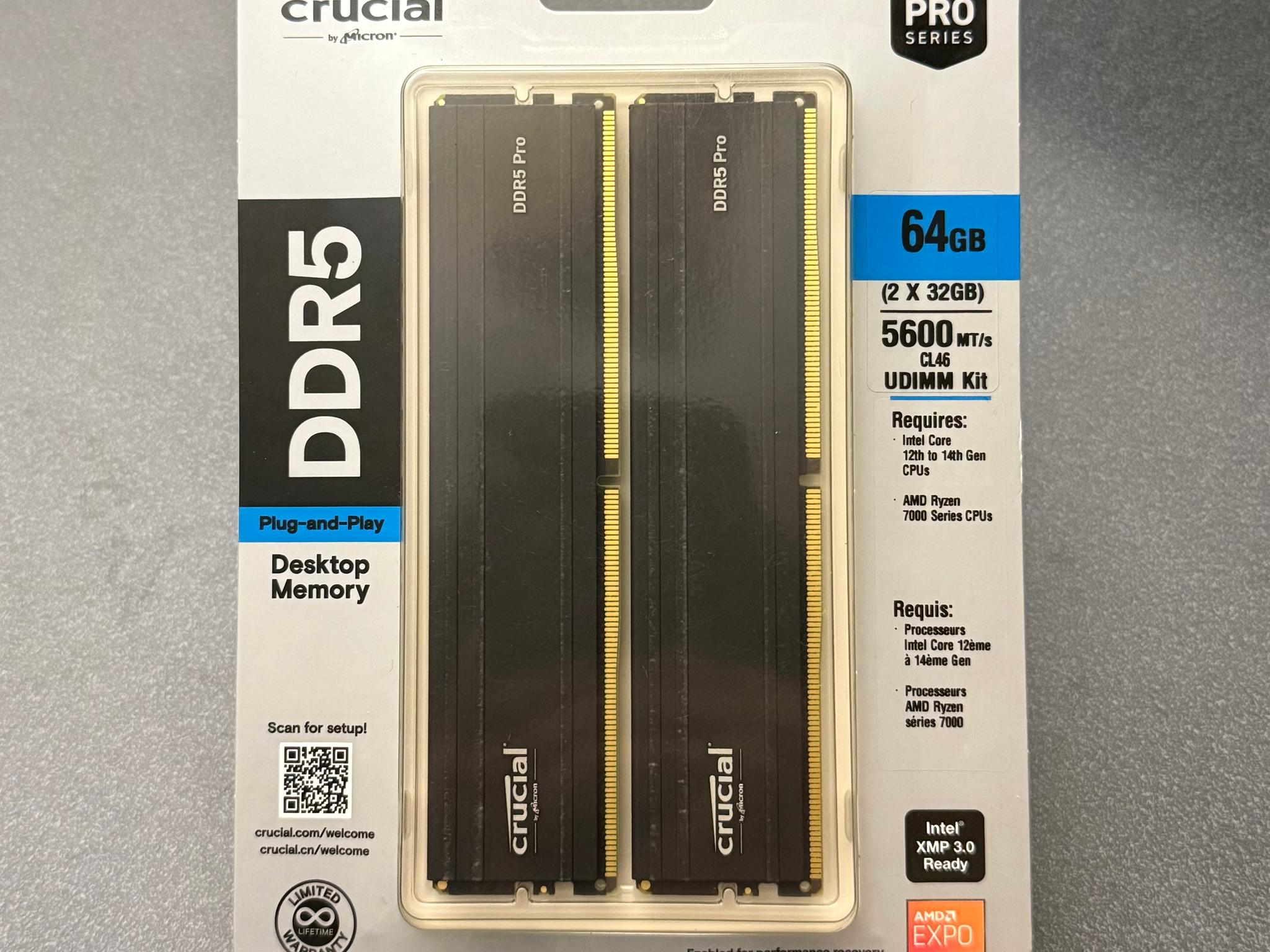 NEW 64GB 5600MHz CL46 Black Crucial (2x32GB) DDR5 RAM