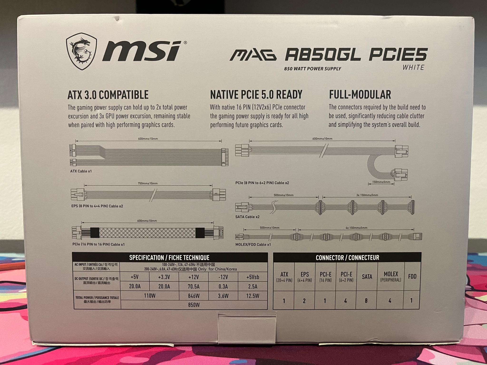 MSI MAG A850GL PCIE5 850 Watt PSU (Like New, Color: White)