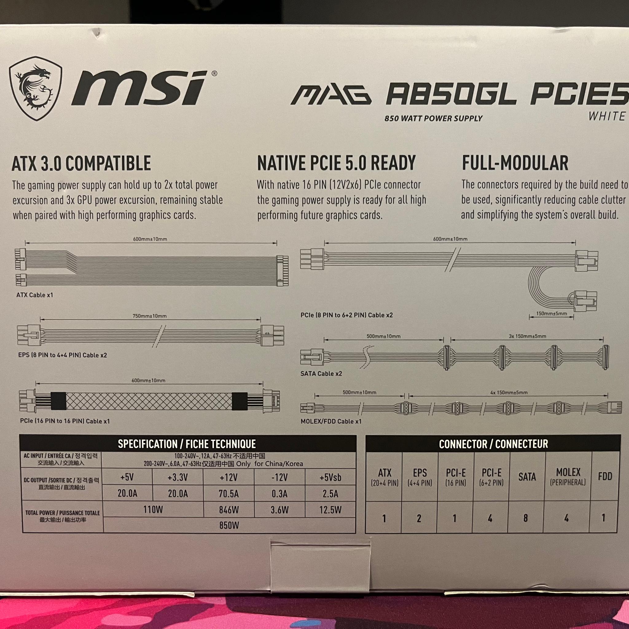 MSI MAG A850GL PCIE5 850 Watt PSU (Like New, Color: White)