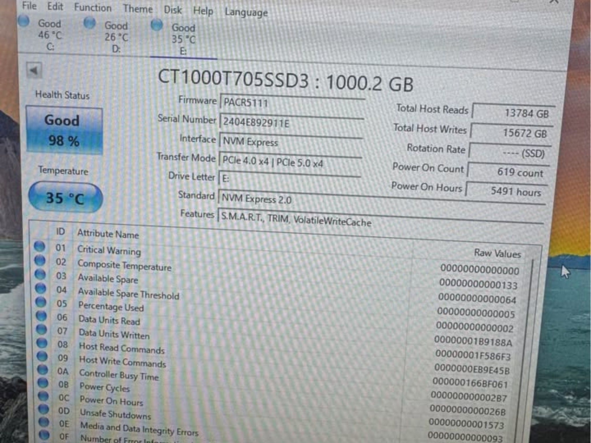 Crucial T705 1TB PCIe Gen5 NVMe M.2 SSD Up to 13,600 MB/s (LOW HOURS)