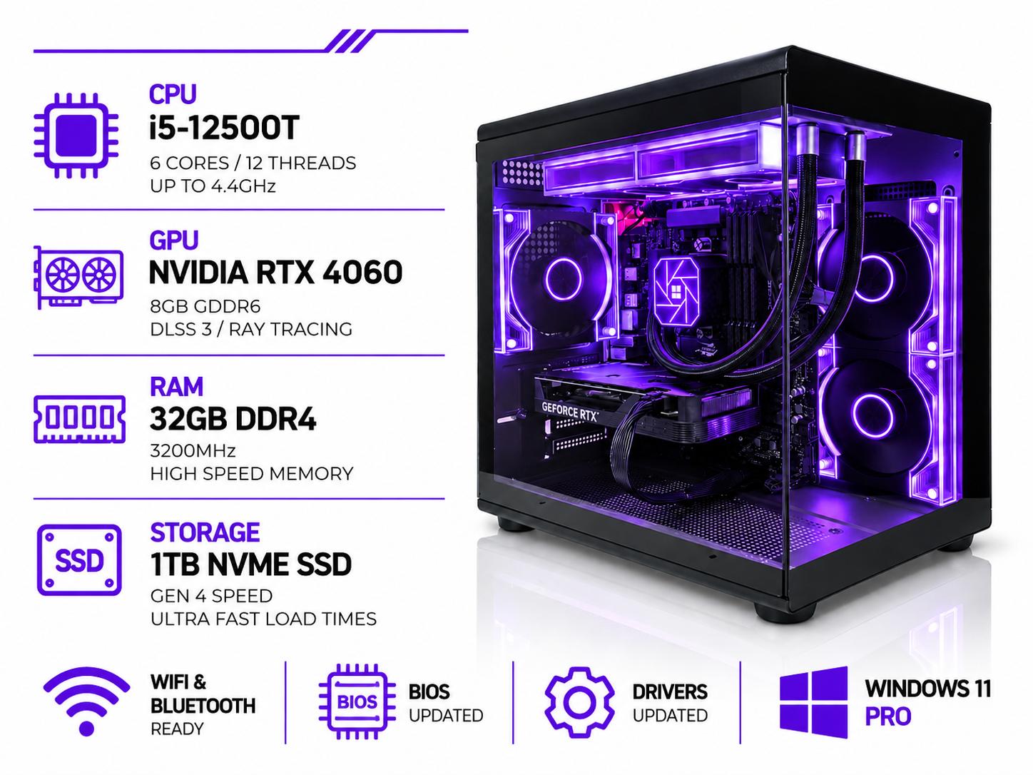 CUBEX2 HIGH FPS Gaming PC | RTX 4060 8GB | Intel i5-12500T | 32GB RAM | 1TB SSD | WiFi