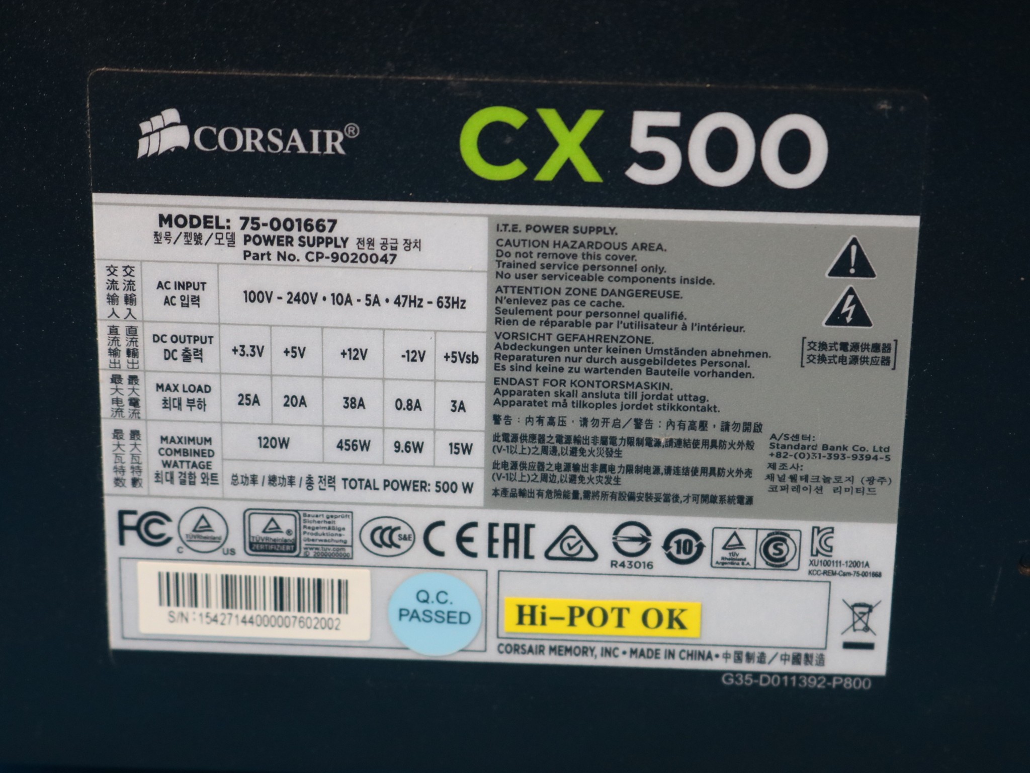 Corsair CX500 500W 80+ Bronze ATX Desktop Power Supply - 4266233097