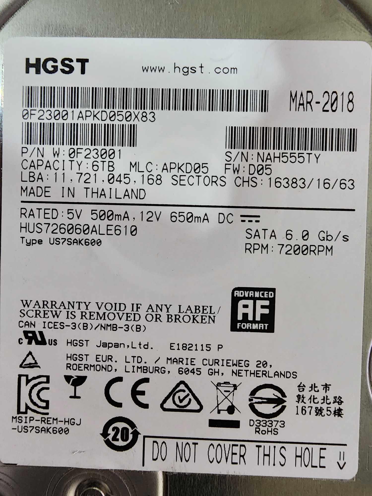 6TB HDD | HGST Ultrastar 7K6000 0F23001 6TB 7200 RPM SATA 3.5" 512E ISE 128MB Cache