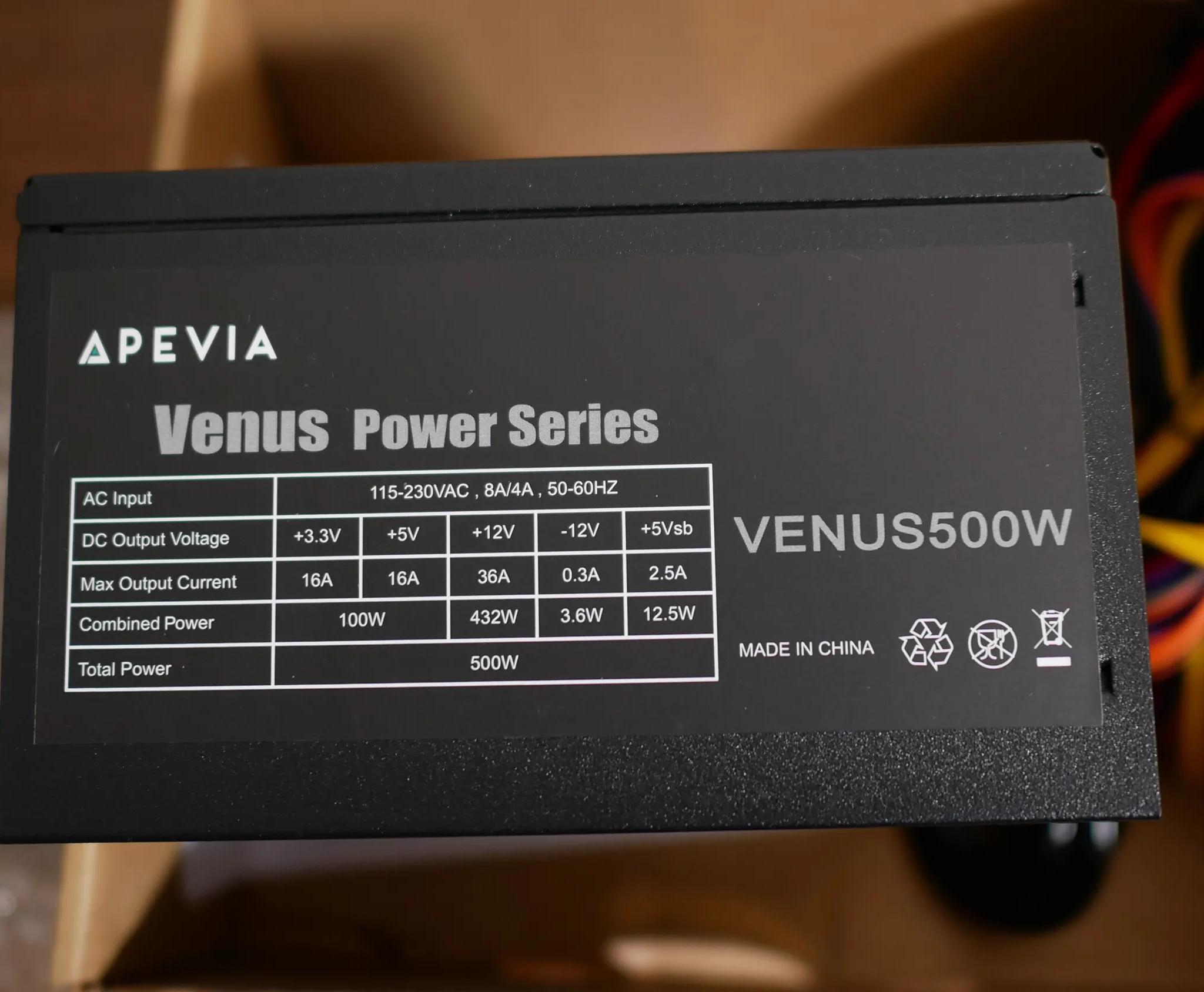 APEVIA VENUS500W Venus 500W ATX Power Supply with Auto-Thermally Controlled 120mm Fan