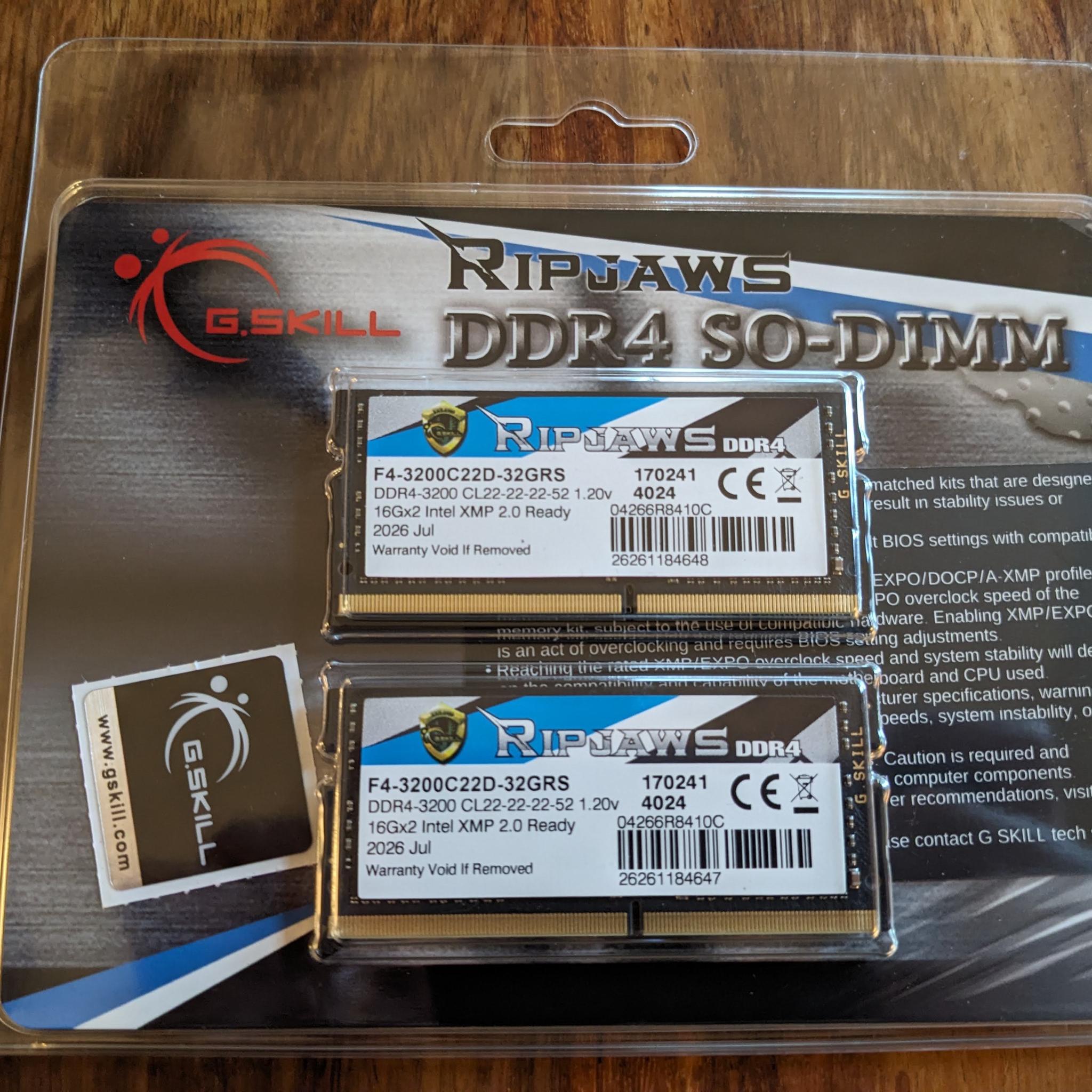 32GB G.SKILL RIPJAWS DDR SO-DIMM 3200MT CL22 -Brand New In Box!