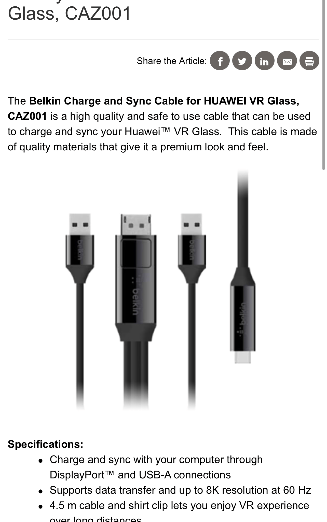 Belkin Charge and Sync Cable for USB-C monitor or VR