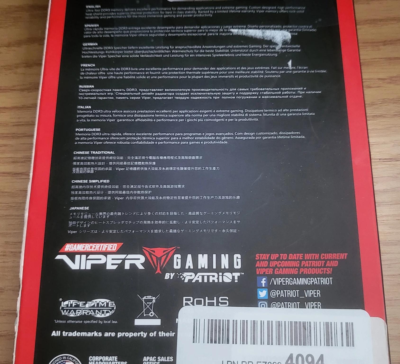 AS-IS Patriot 16GB (2x8GB) DDR3 PC3-15000 1866MHz RAM