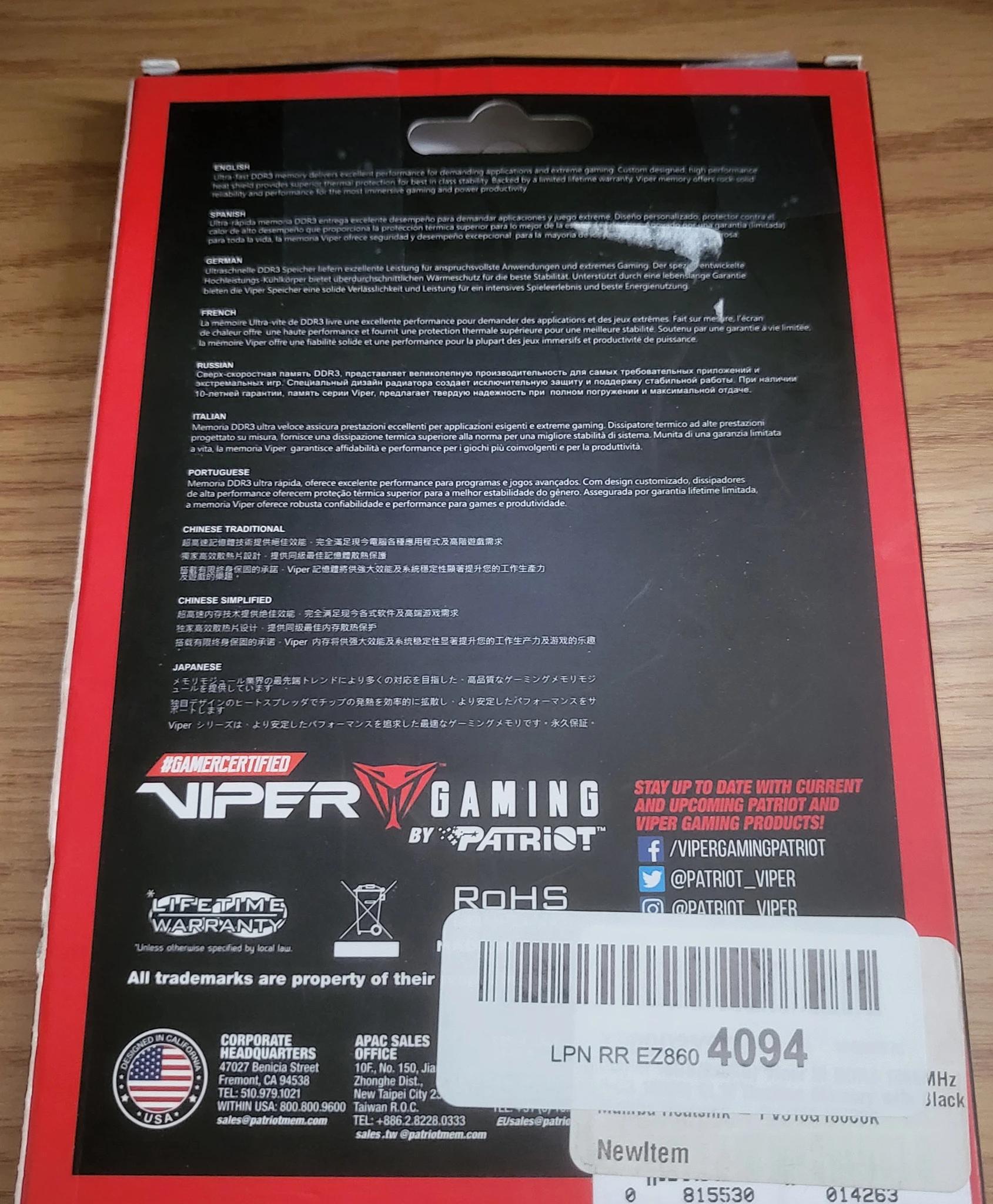 AS-IS Patriot 16GB (2x8GB) DDR3 PC3-15000 1866MHz RAM