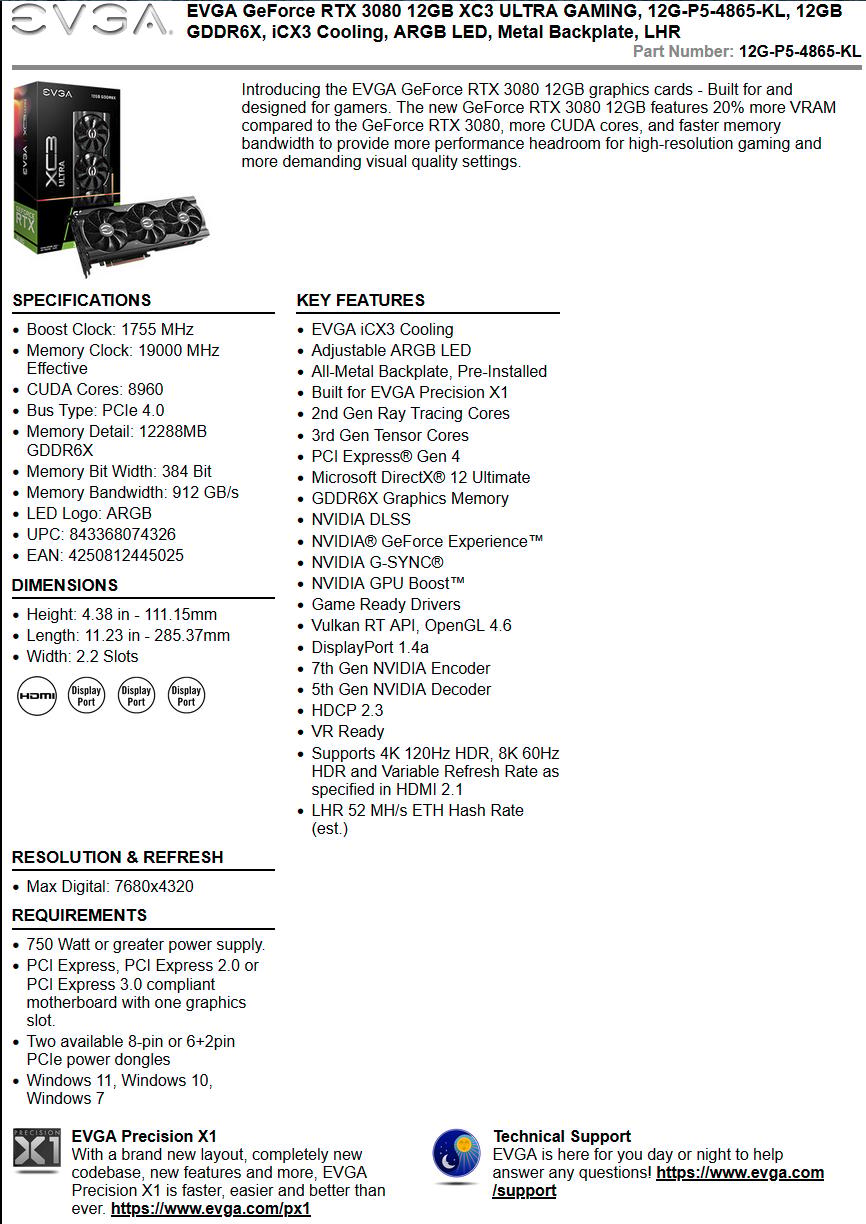 RARE! NEW WITH ORIGINAL FACTORY SEAL, EVGA GeForce RTX 3080 12GB OC XC3 ULTRA GAMING 12G-P5-4865-KL