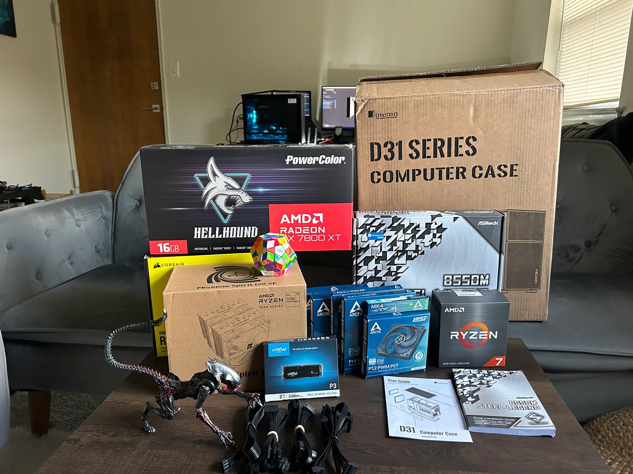 Ryzen 7 5700x 8 cores,  Radeon RX7800xt 16GB, 32GB RAM DDR4 3600, NVMe ssd 2TB, PSU Corsair 850w