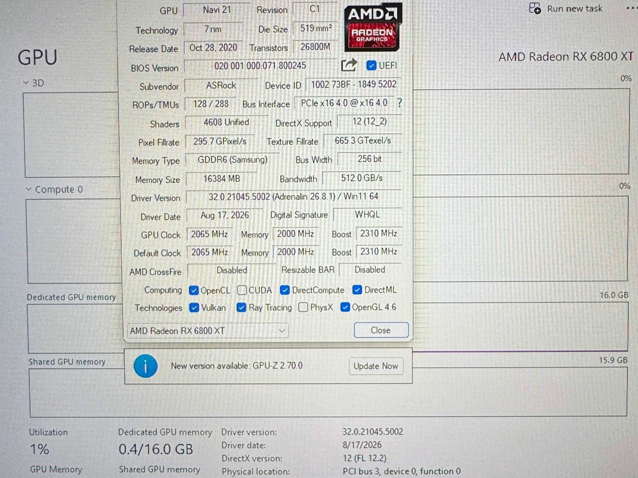ASRock Radeon RX 6800 XT Phantom Gaming 16GB OC