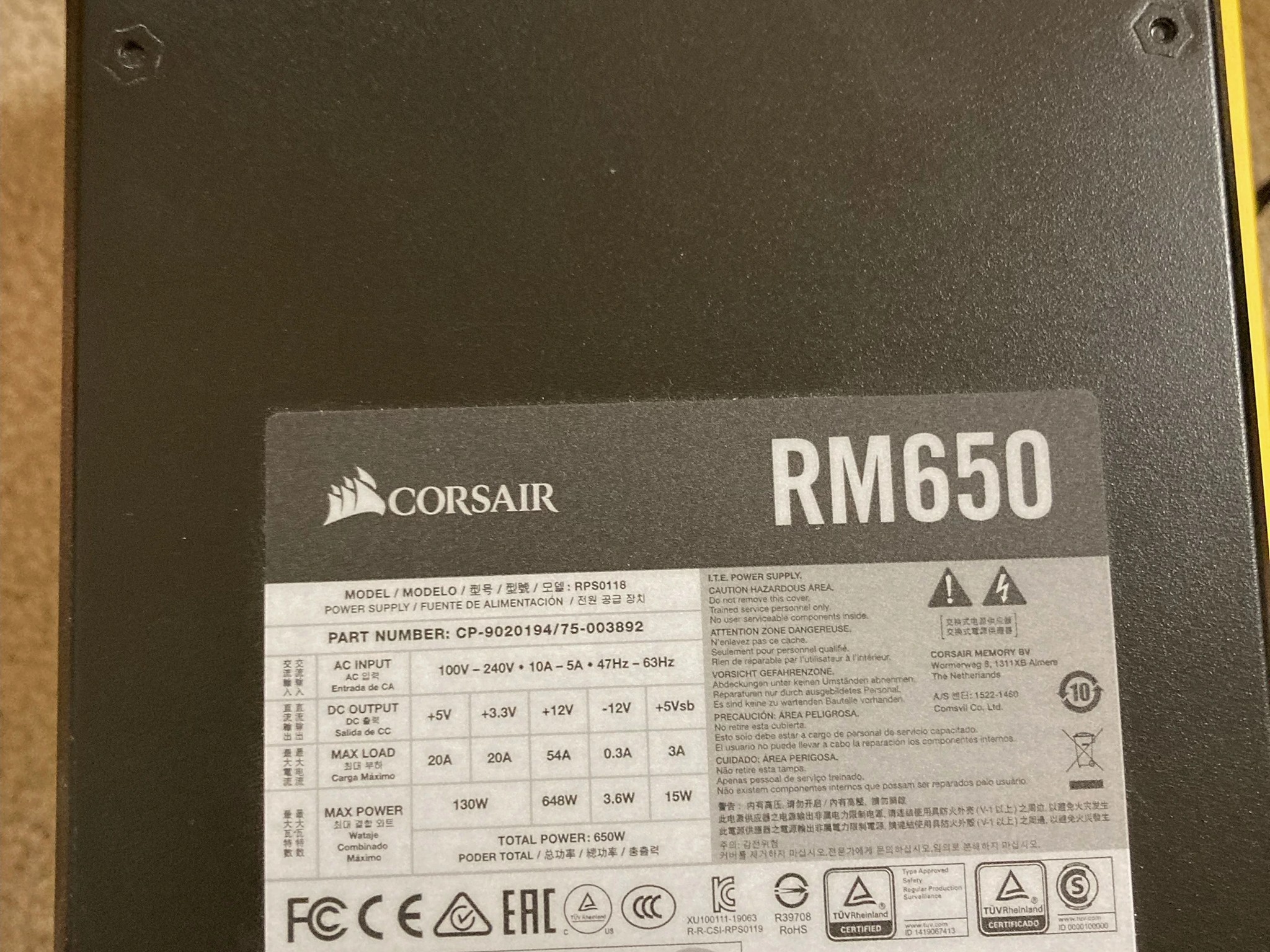 [INCLUDES CUSTOM CABLE EXTENSIONS!] Corsair RM650 80+ Gold Modular ATX PSU - Used, Good Condition 