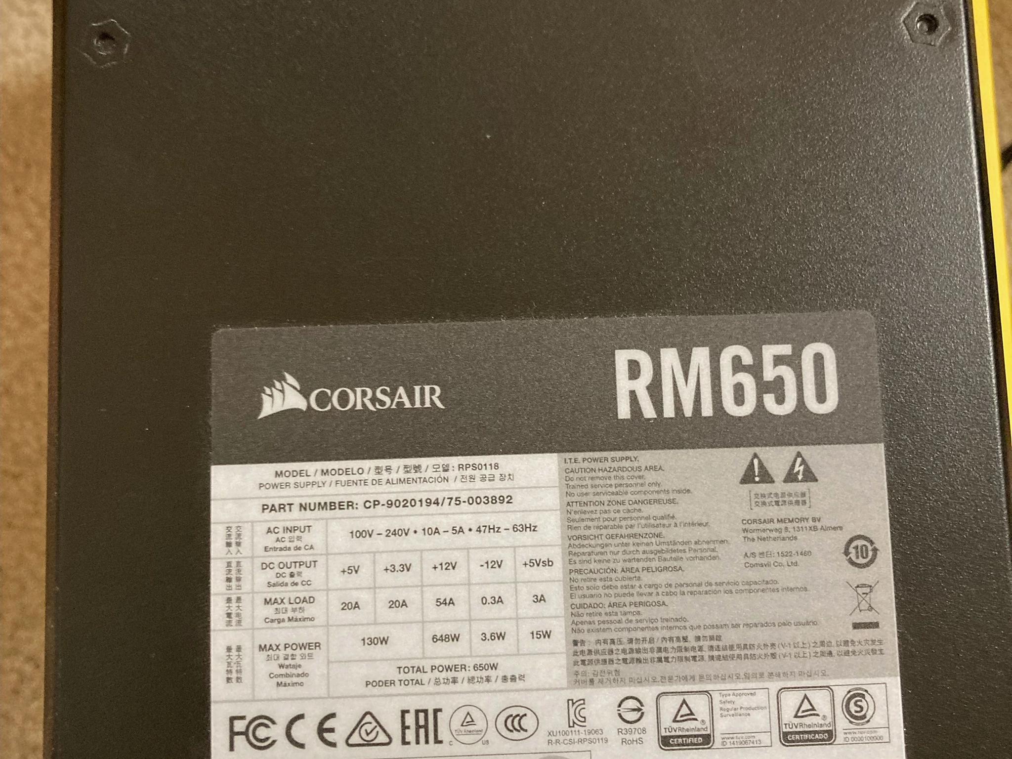 [INCLUDES CUSTOM CABLE EXTENSIONS!] Corsair RM650 80+ Gold Modular ATX PSU - Used, Good Condition 