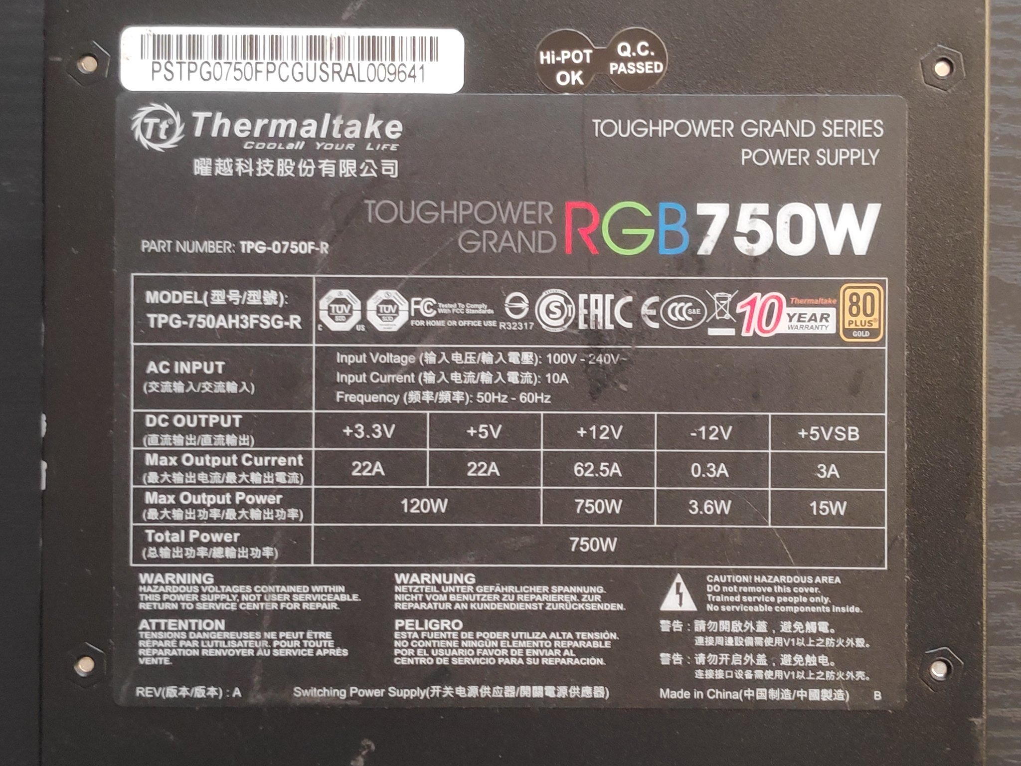 Thermaltake Toughpower Grand RGB 750W, Fully Modular 80 Plus Gold Power Supply