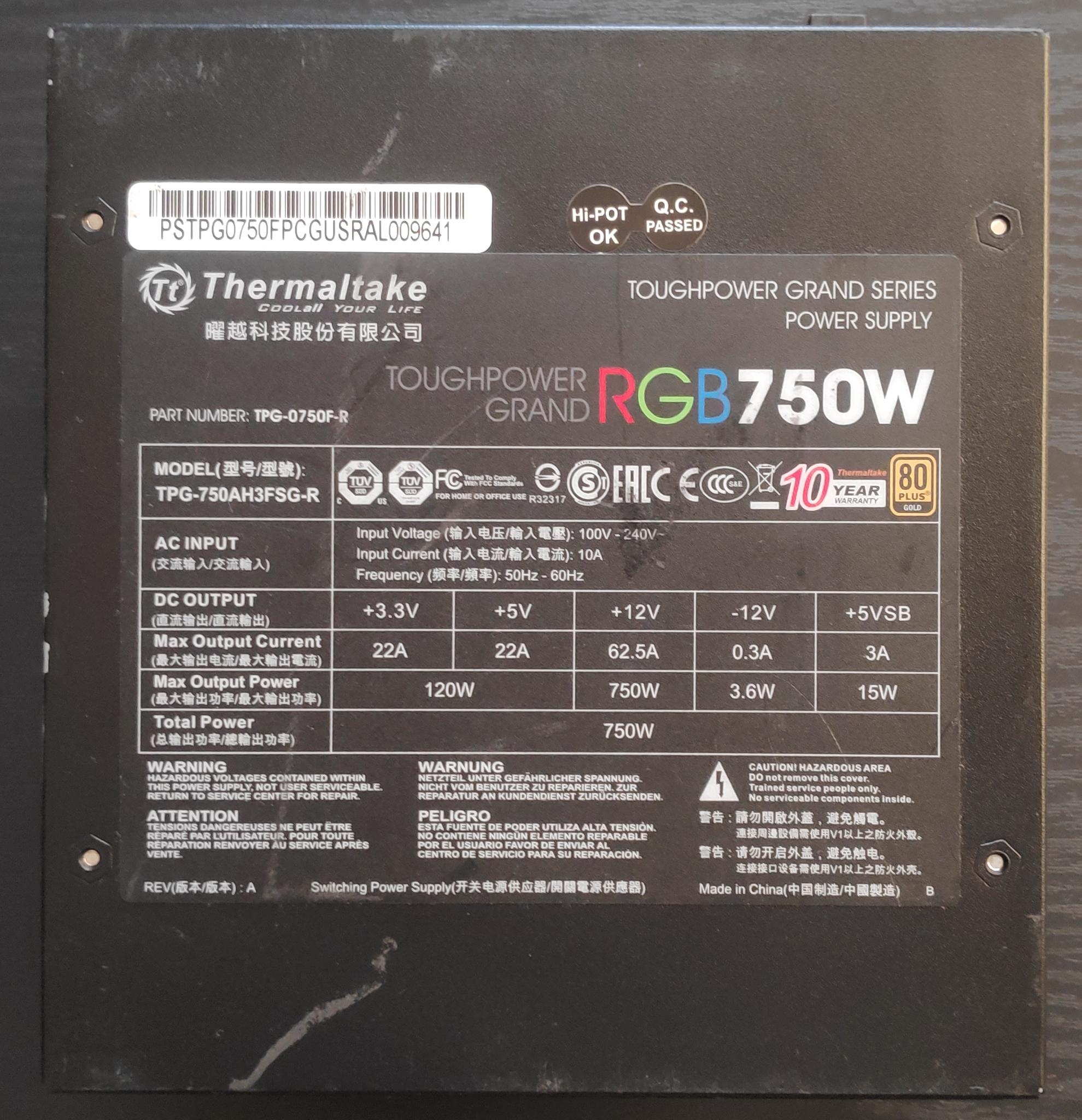 Thermaltake Toughpower Grand RGB 750W, Fully Modular 80 Plus Gold Power Supply