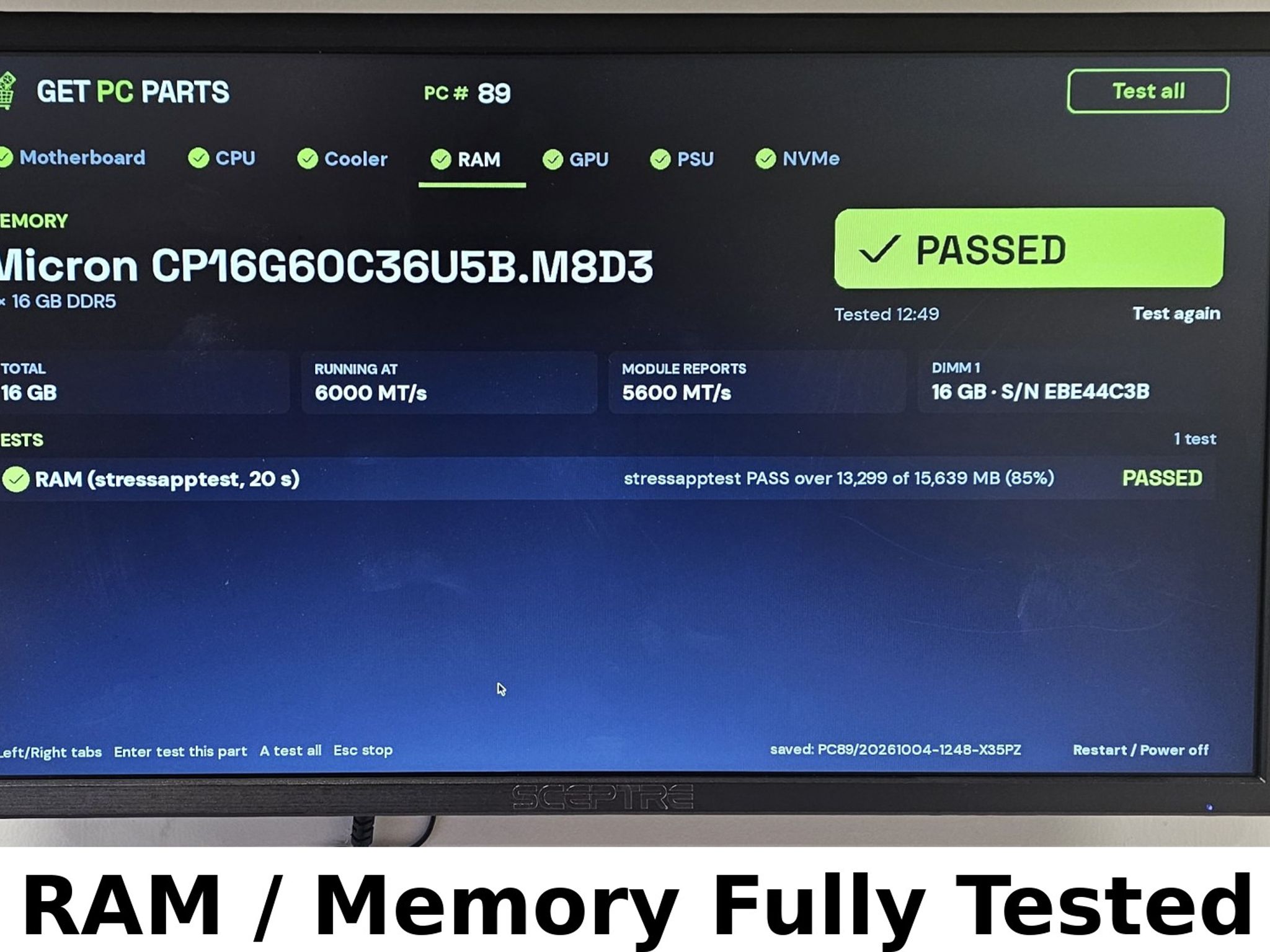 16GB DDR5 (1x16GB) CL36 6000MT/s Crucial Pro