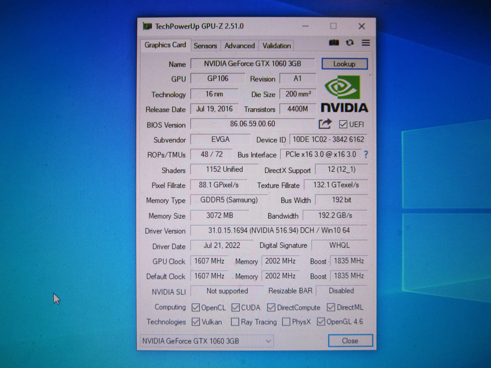 Clean! EVGA GTX 1060 SC 3Gb Graphics Card (03G-P4-6162-KR)