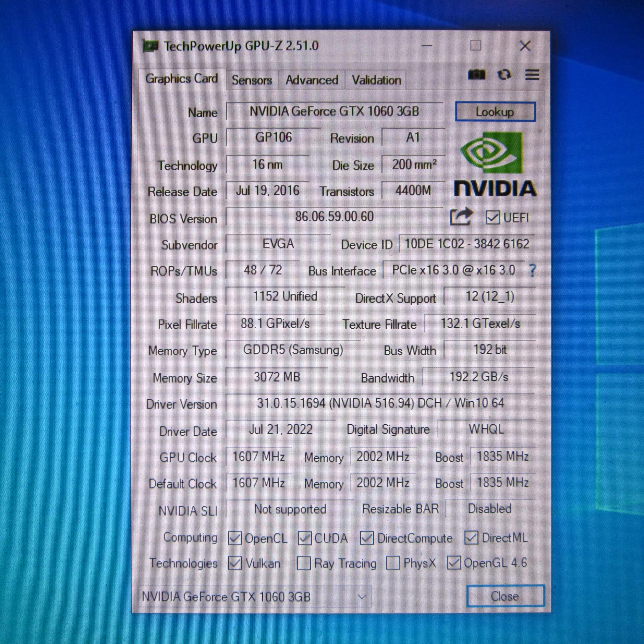 Clean! EVGA GTX 1060 SC 3Gb Graphics Card (03G-P4-6162-KR)