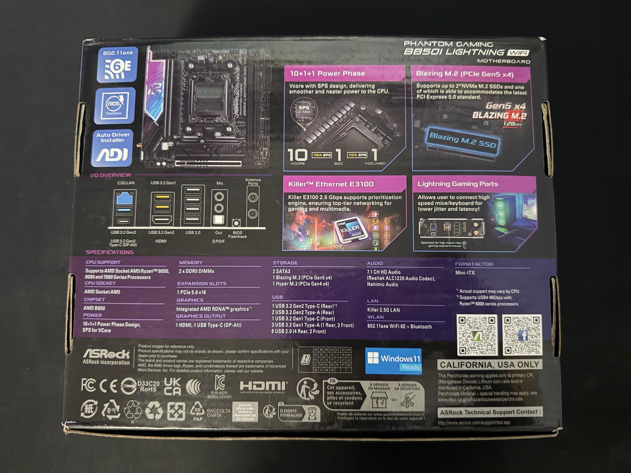 ASRock B850I Lightning WiFi AM5 Motherboard AMD B850 SATA 6Gb/S Mini ITX