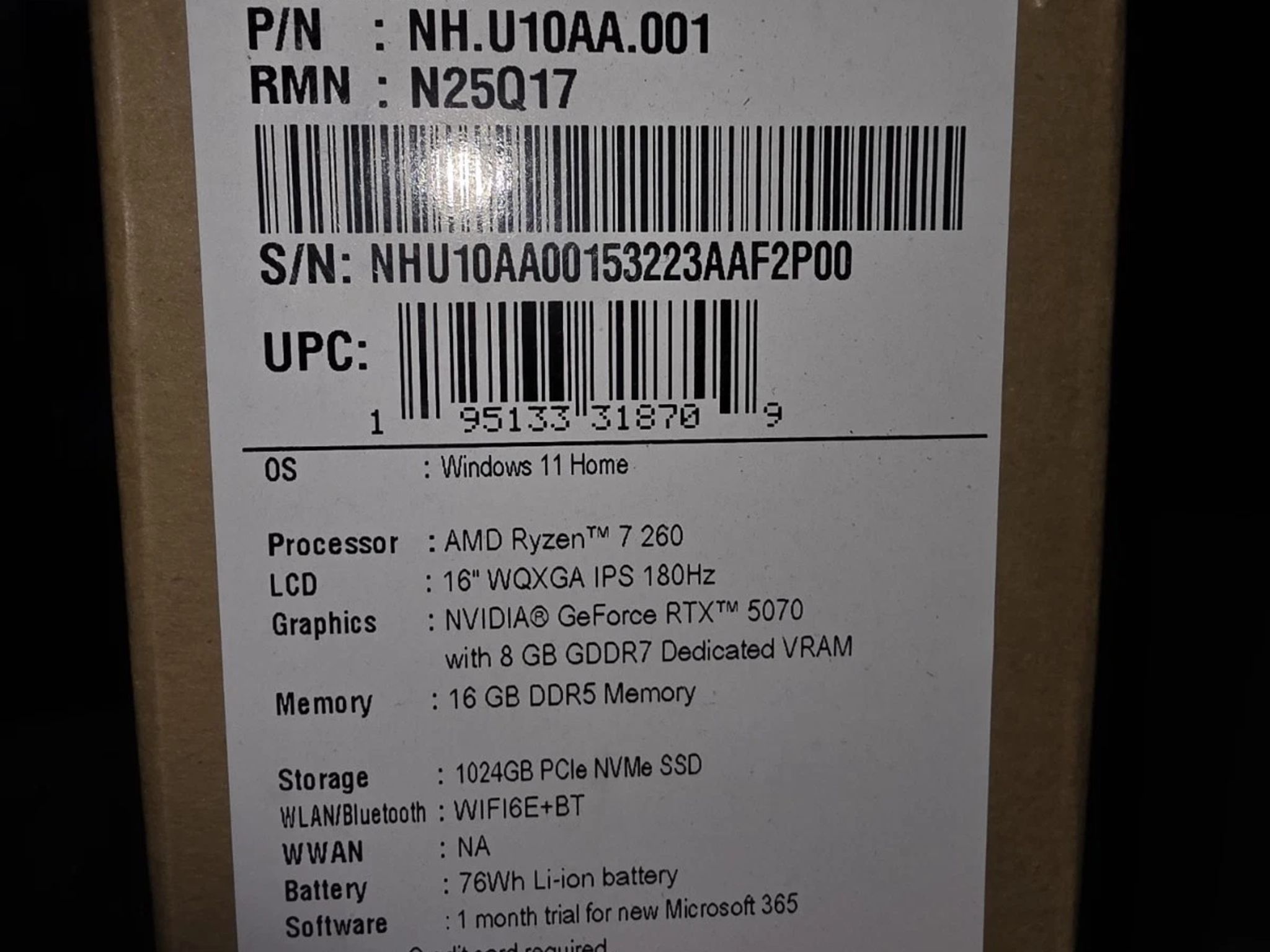 Acer Nitro V 16S AI Gaming Laptop AMD Ryzen 7 260, 16GB RAM, 1TB, RTX 5070 8gb