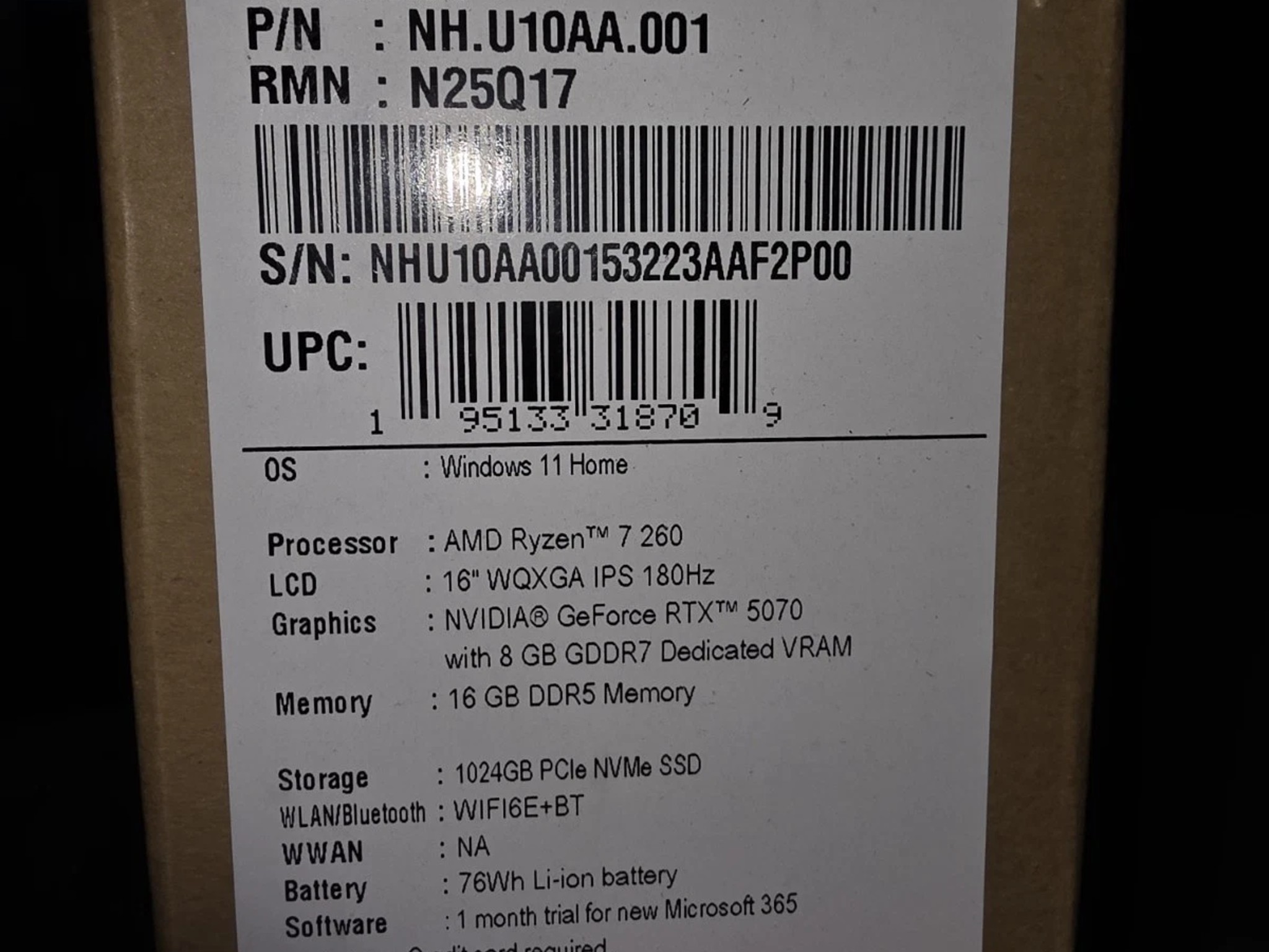 Acer Nitro V 16S AI Gaming Laptop AMD Ryzen 7 260, 16GB RAM, 1TB, RTX 5070 8gb