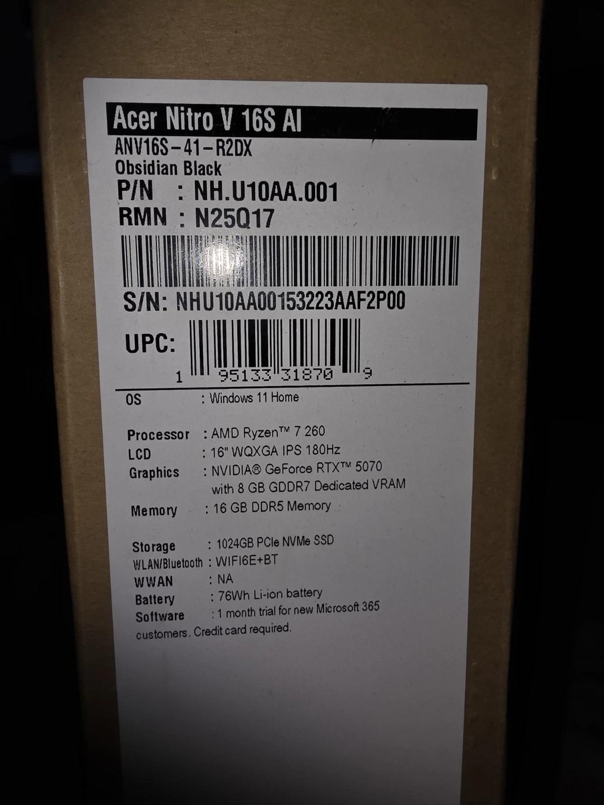 Acer Nitro V 16S AI Gaming Laptop AMD Ryzen 7 260, 16GB RAM, 1TB, RTX 5070 8gb