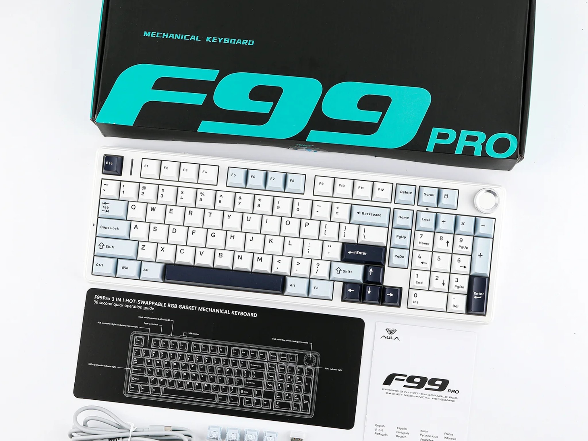 AULA F99 PRO (BRAND NEW) Blue White, Wireless Mechanical Keyboard 95% StarArrow Switches w/ Knob