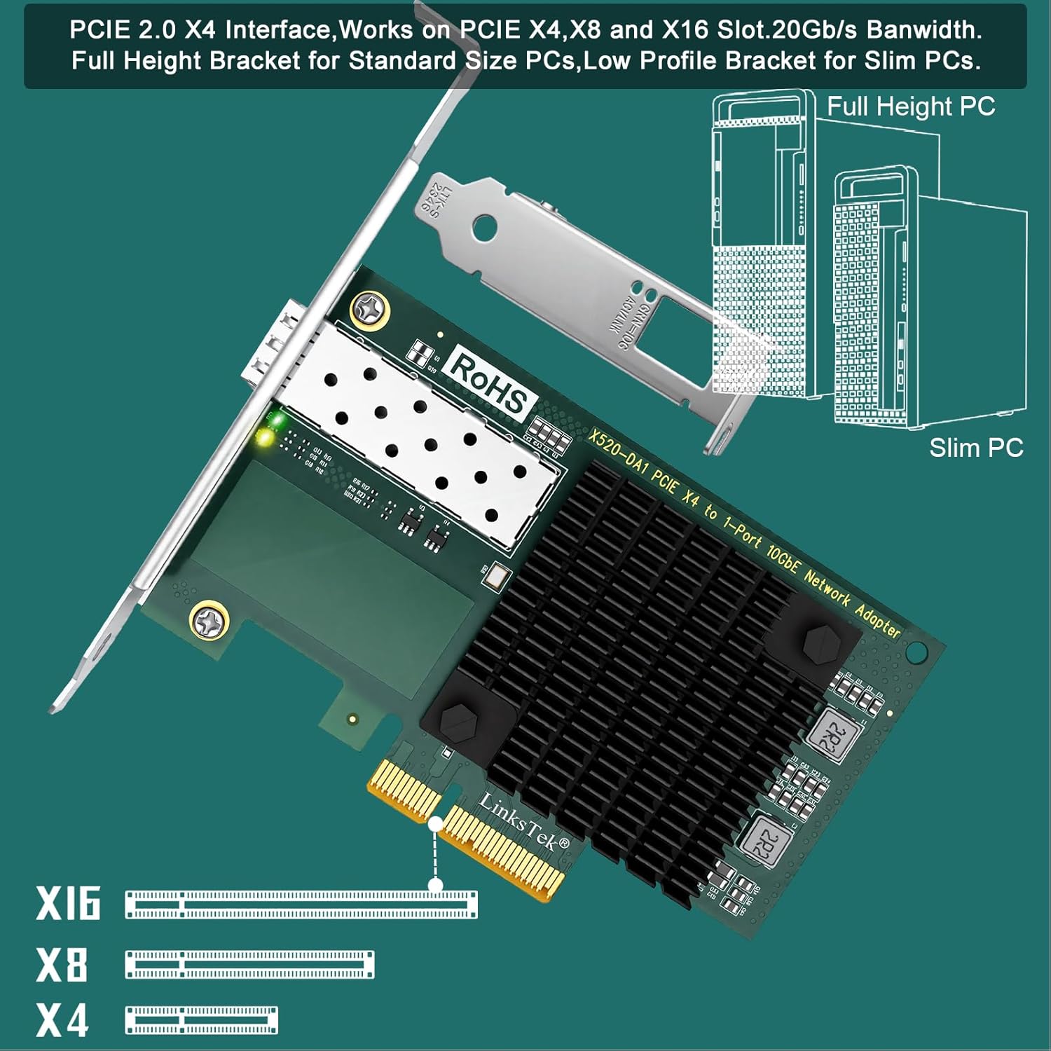 X520-DA1 10Gb/s SFP+ Fiber Port Ethernet Adapter Intel 82599 10Gbps Ethernet PCIE x4 NAS and PC
