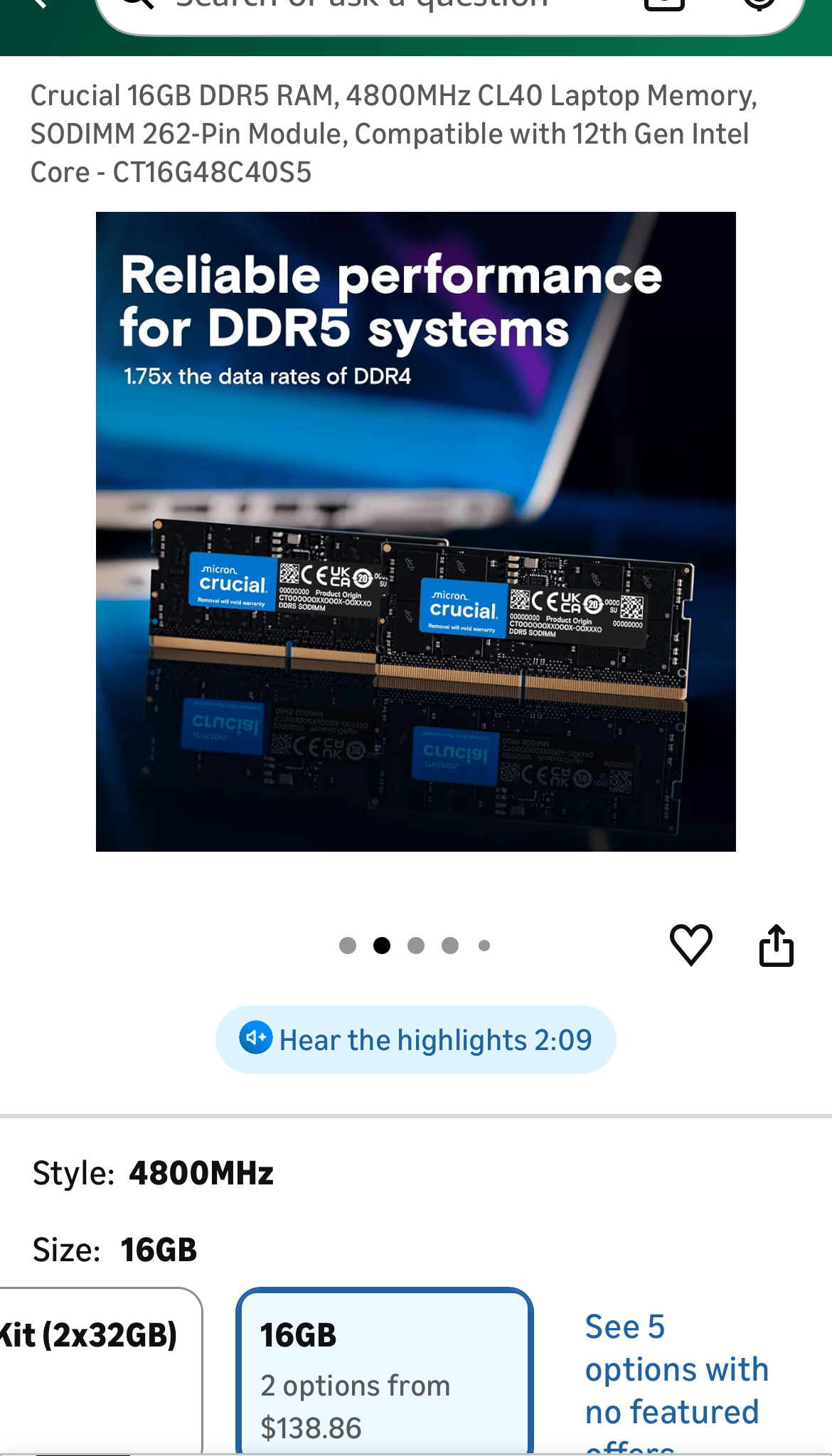 Crucial 16GB SO-DIMM DDR5 5600