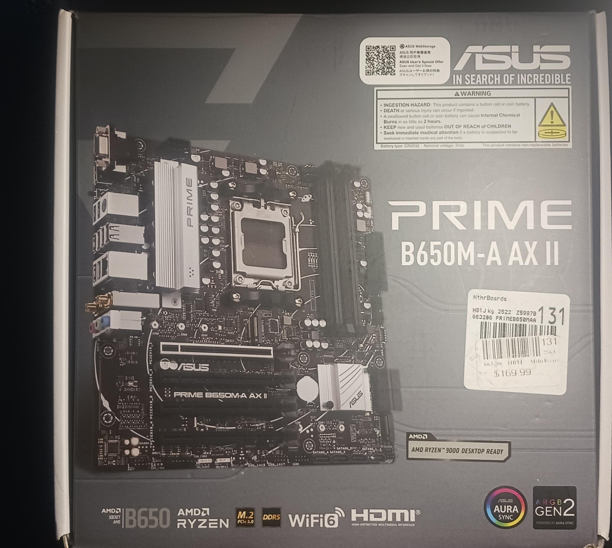 (READ DESC.)ASUS PRIME B650M-A AX II AM5 WIFI Motherboard POSTS BUT HAS DIMM/FRONT USB HEADER ISSUES