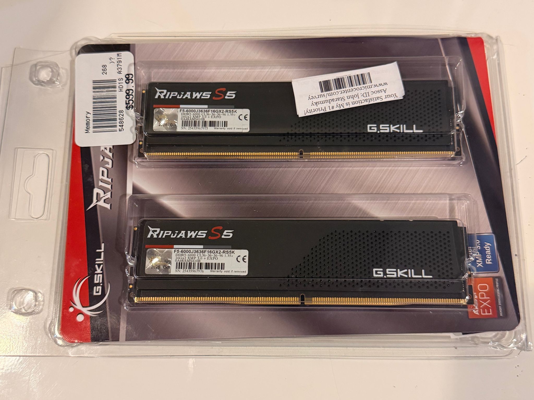 New in Box G.Skill Ripjaws S5 32GB (2x16) DDR5-6000 CL36 Matte Black