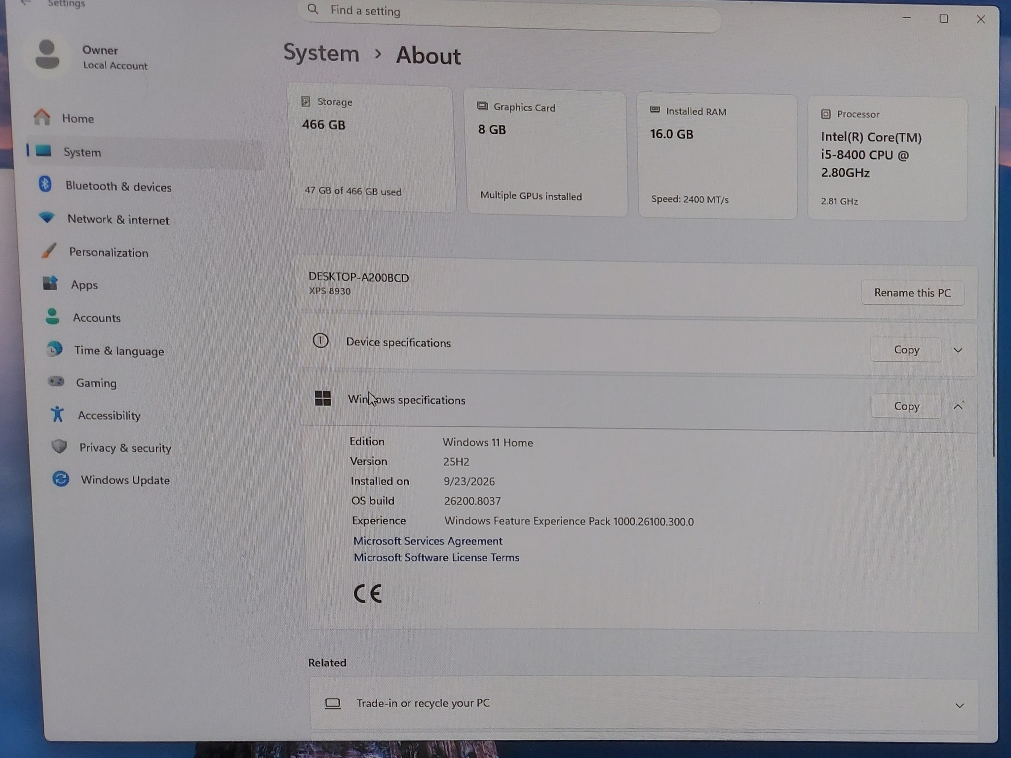 Dell XPS 8930 Gaming PC, i5-8400, RX 580 8gb, 16GB RAM, 500GB SSD, Windows 11