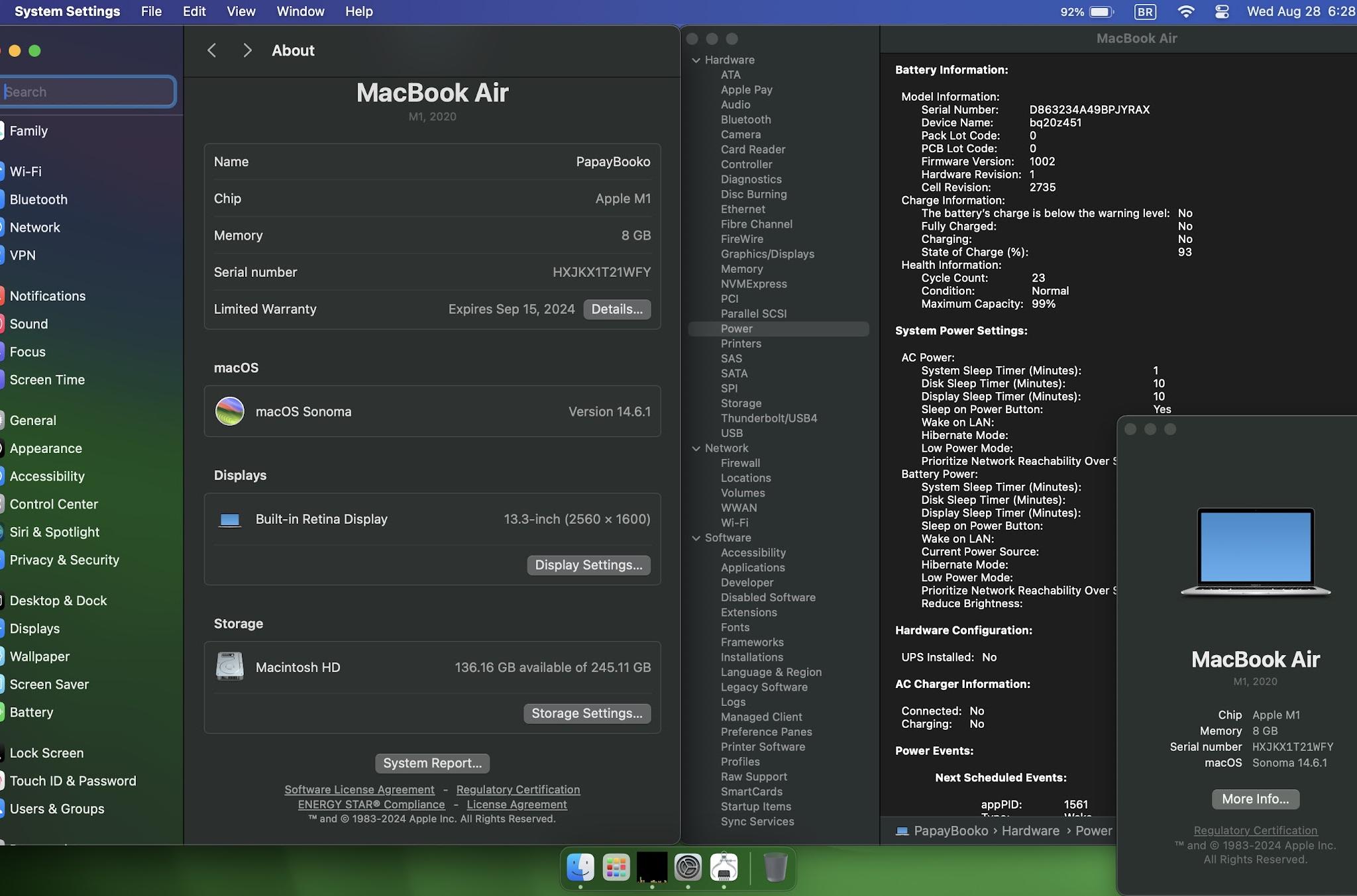 Macbook Air M1 13 in Silver, 8GB RAM, SSd 256GB