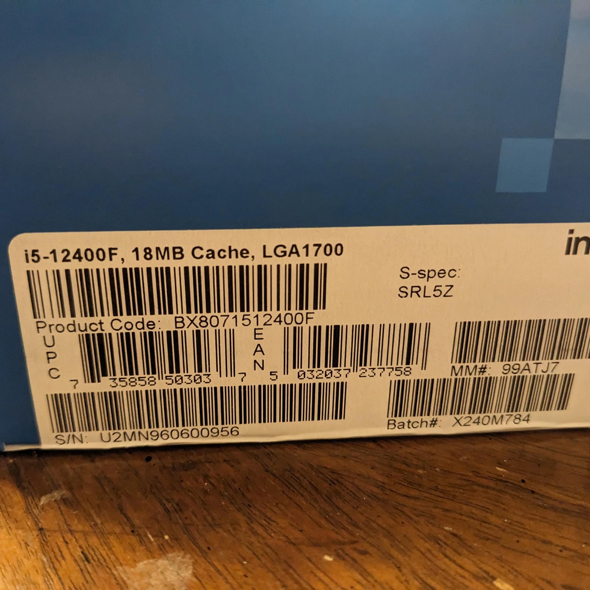 Intel Core i5 12400F 6 Cores 12 Threads LGA1700 + Stock Cooler