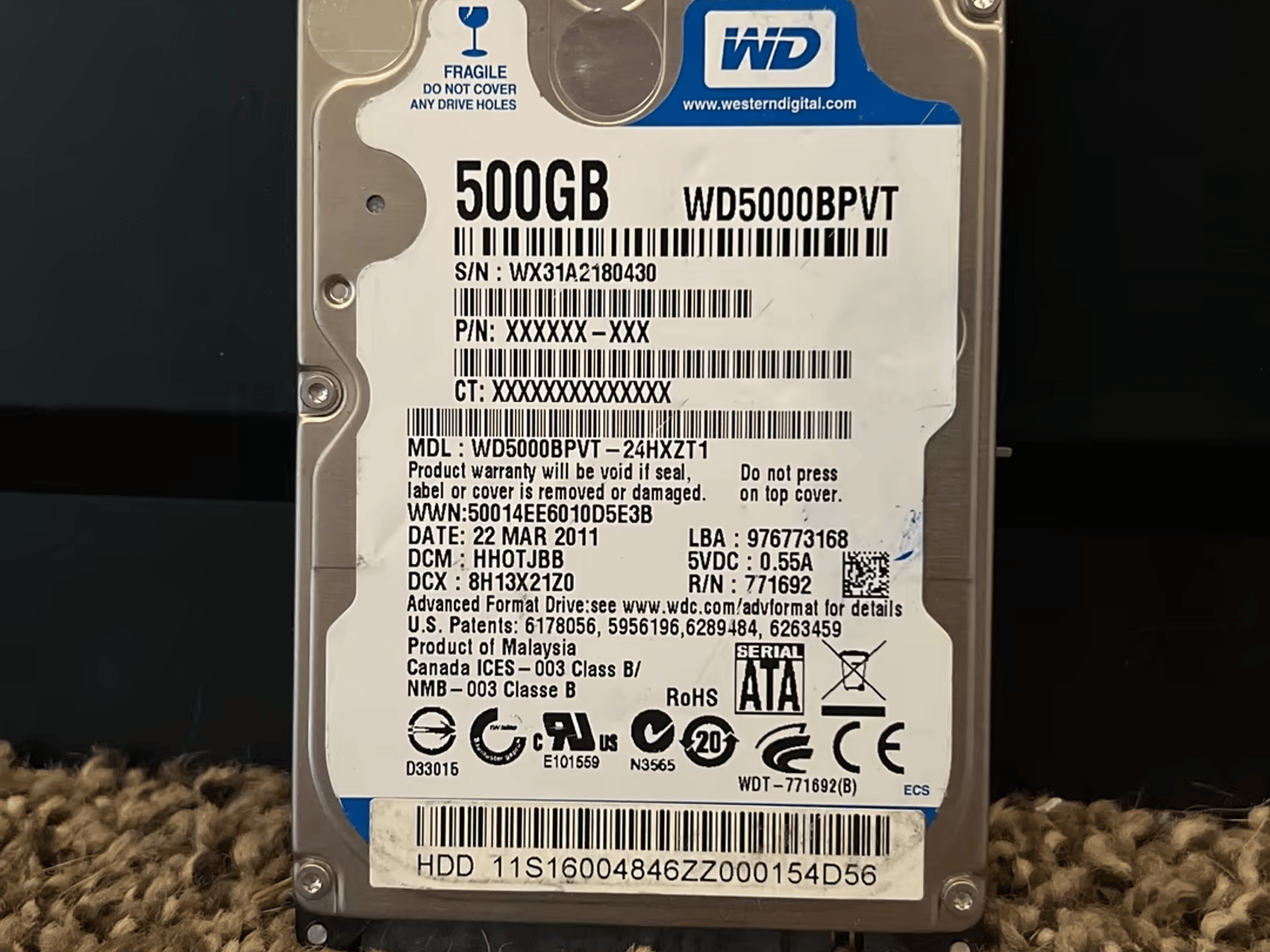 Western Digital 500GB 2.5” Hard Drive WD5000BPVT