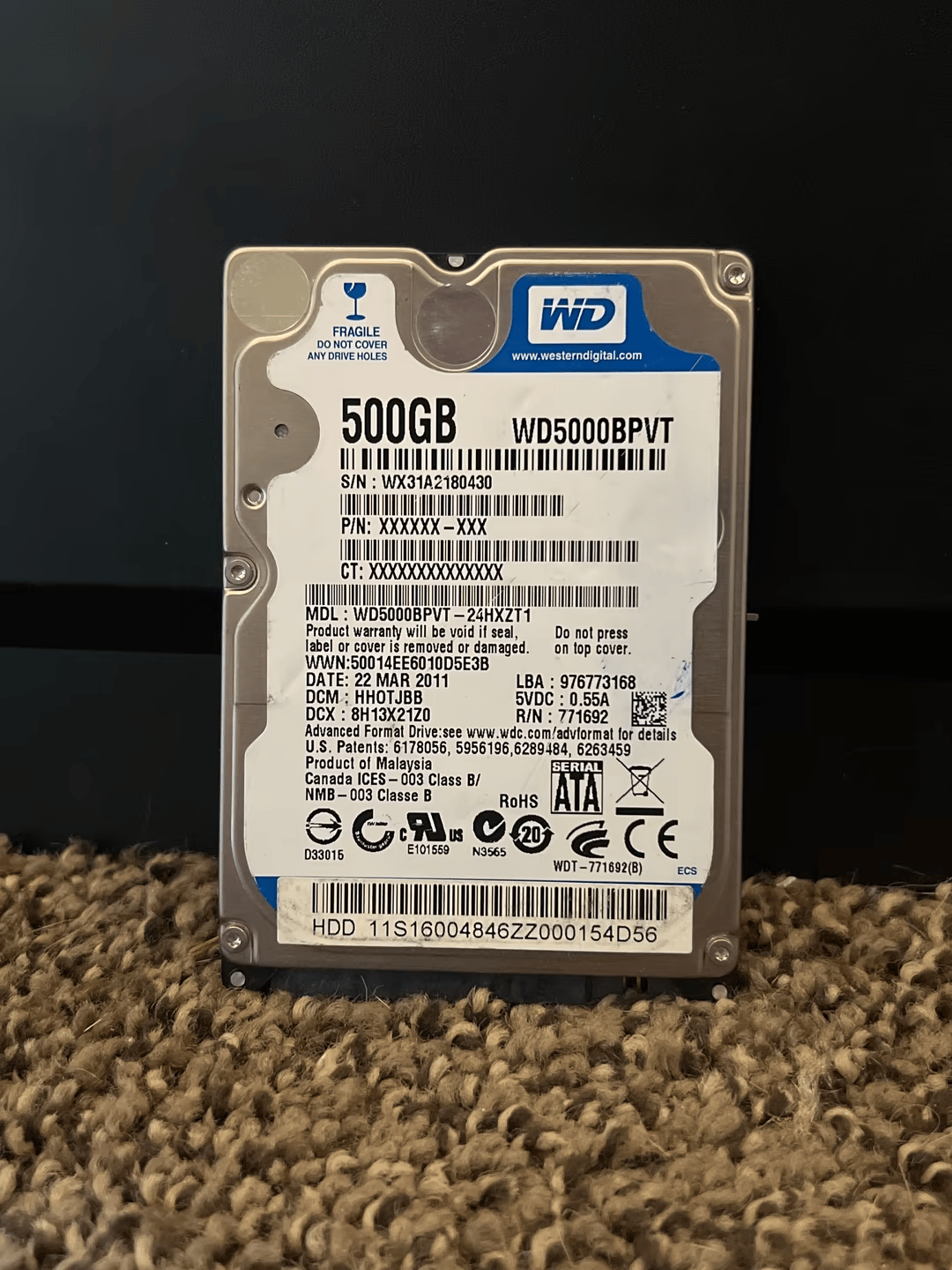 Western Digital 500GB 2.5” Hard Drive WD5000BPVT