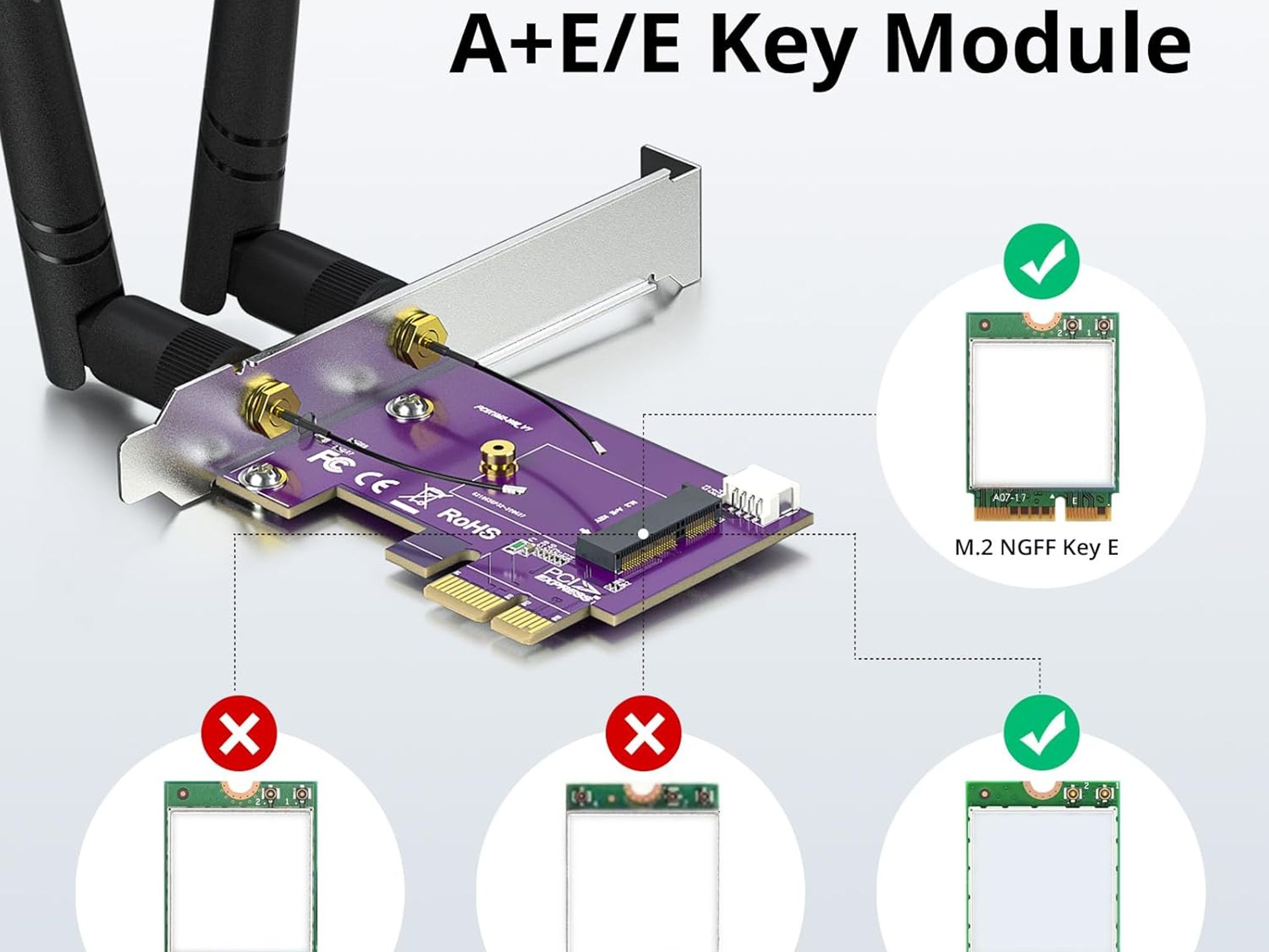 PCIe x1 to M.2 WiFi Bluetooth Adapter Card Supports A+E Key NGFF Modules 2.4GHz 5GHz 5dBi Antennas
