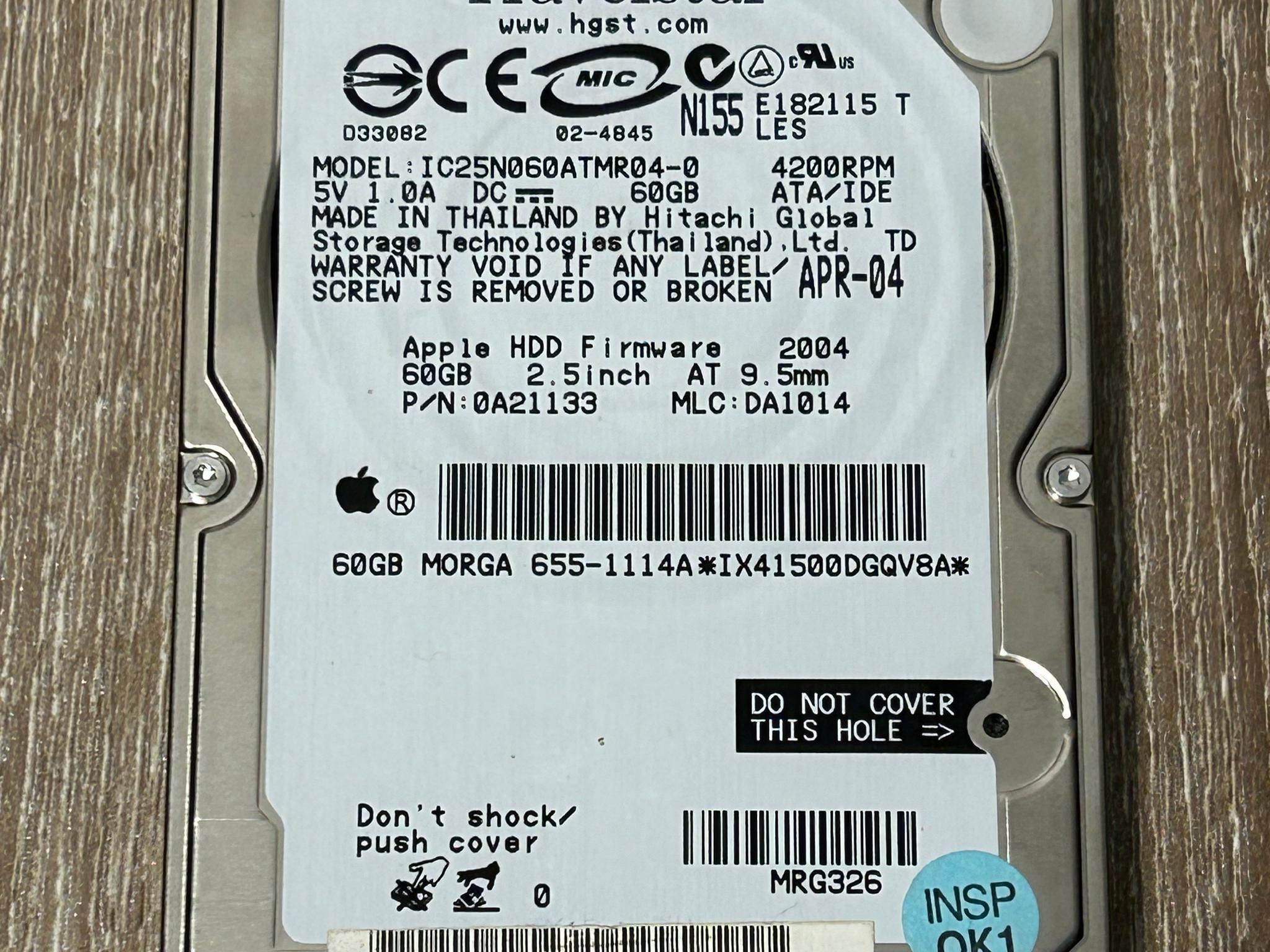OEM Apple 655-1115A Hitachi Travelstar 60GB 2.5" IDE Hard Drive IC25N080ATMR04-0