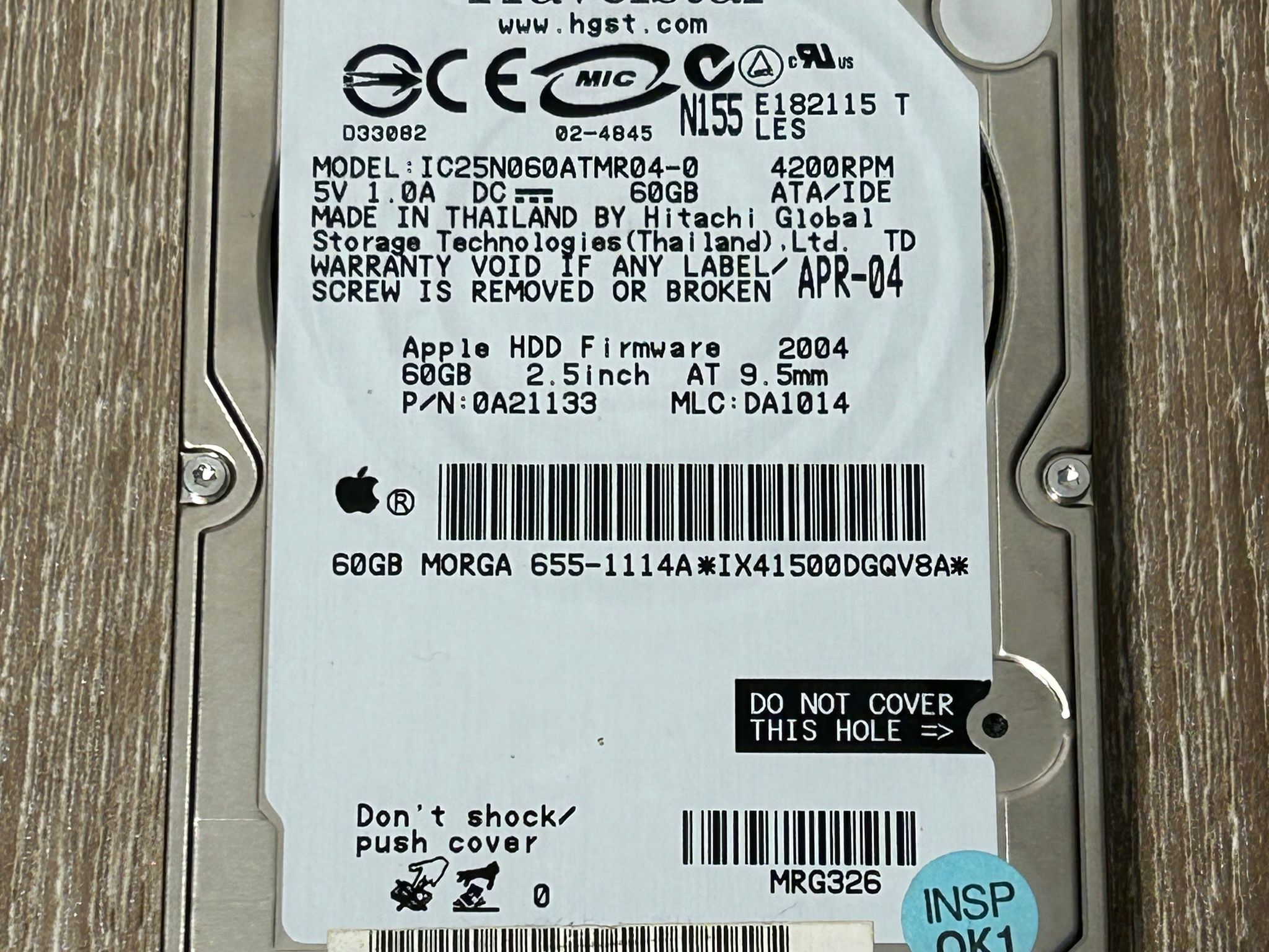 OEM Apple 655-1115A Hitachi Travelstar 60GB 2.5" IDE Hard Drive IC25N080ATMR04-0